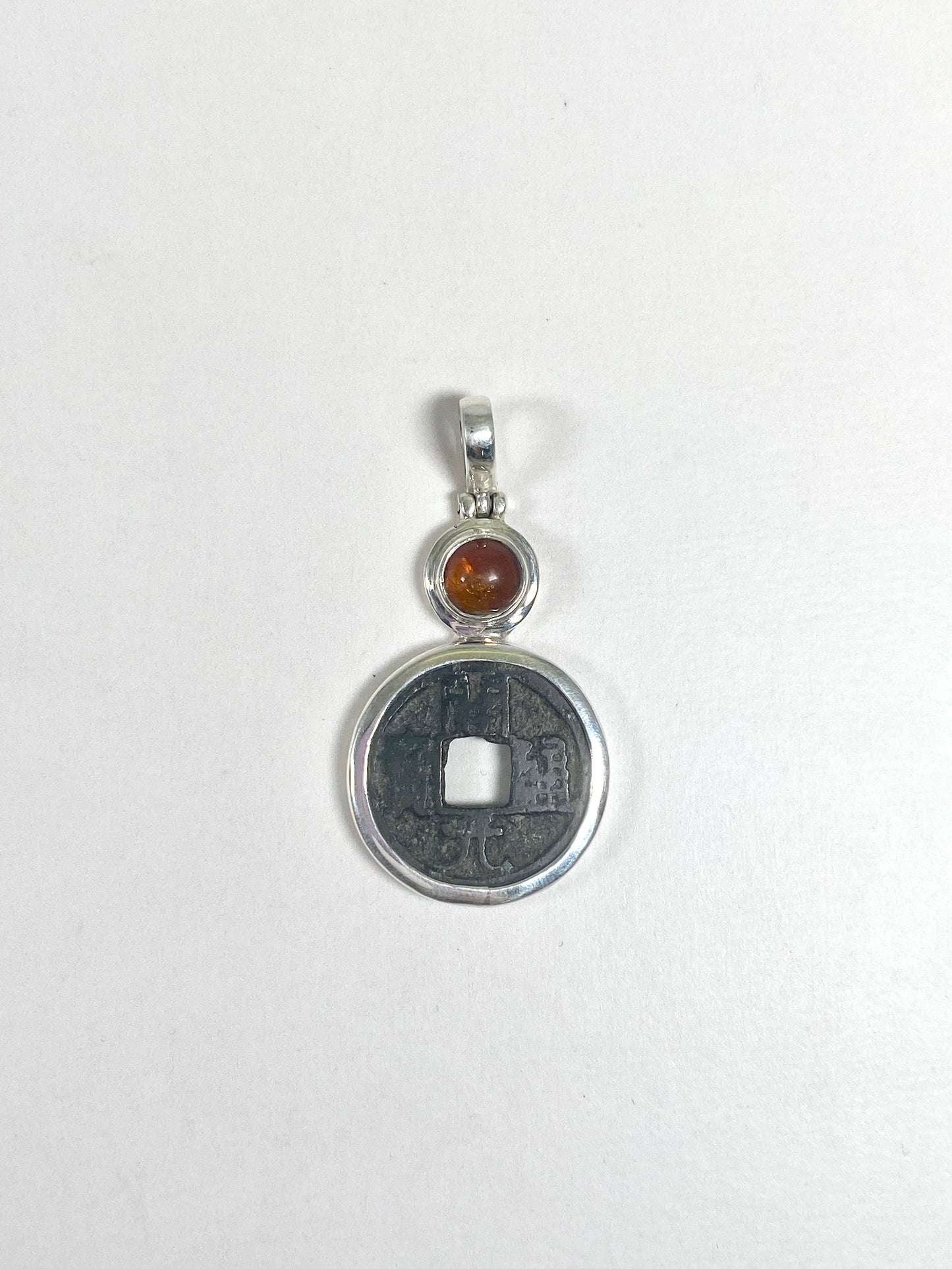 Antique Northern Song Tang Dynasty Cash Coin Pendant c. 621-907- Kai Yuan Tong Bao Coin set in Sterling Silver w Amber