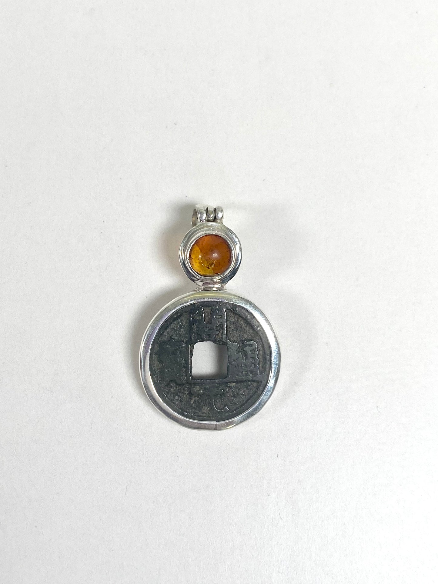 Antique Northern Song Tang Dynasty Cash Coin Pendant c. 621-907- Kai Yuan Tong Bao Coin set in Sterling Silver w Amber