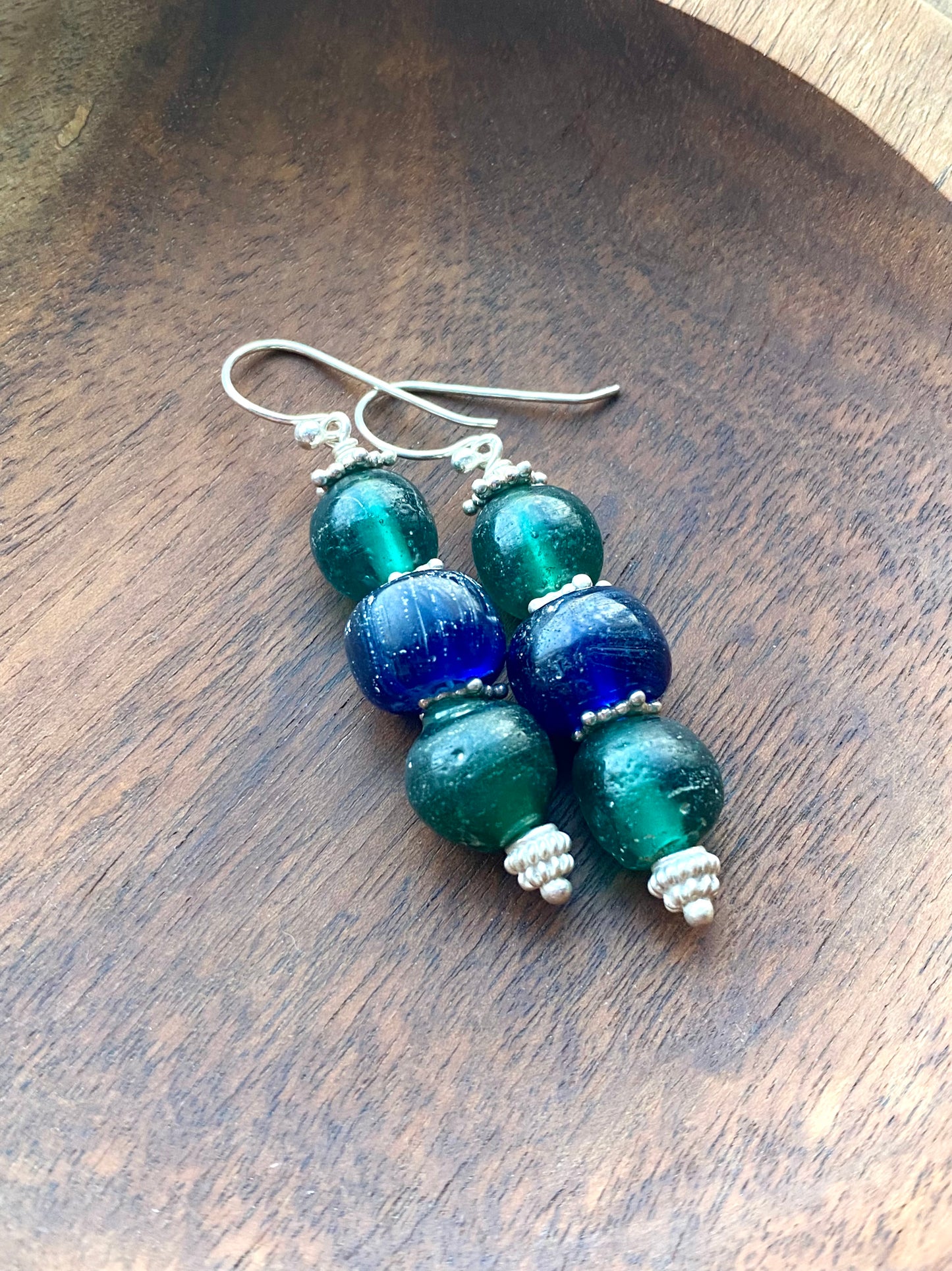 Ancient Javanese Trade Beads-Blue and Green Indo-Pacific Glass Bead Earrings w Sterling Silver