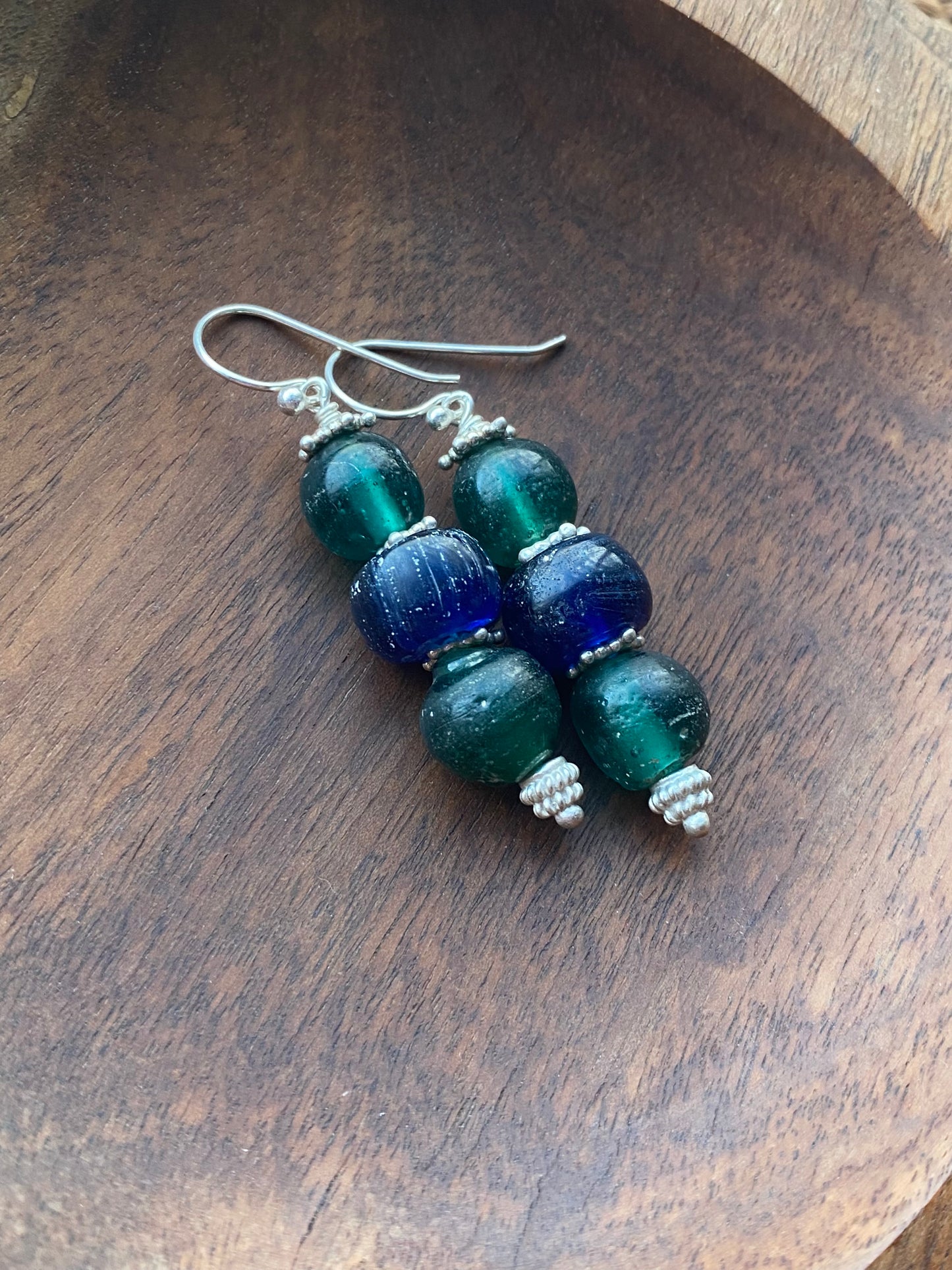 Ancient Javanese Trade Beads-Blue and Green Indo-Pacific Glass Bead Earrings w Sterling Silver