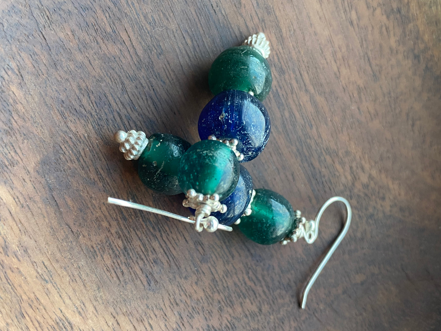 Ancient Javanese Trade Beads-Blue and Green Indo-Pacific Glass Bead Earrings w Sterling Silver