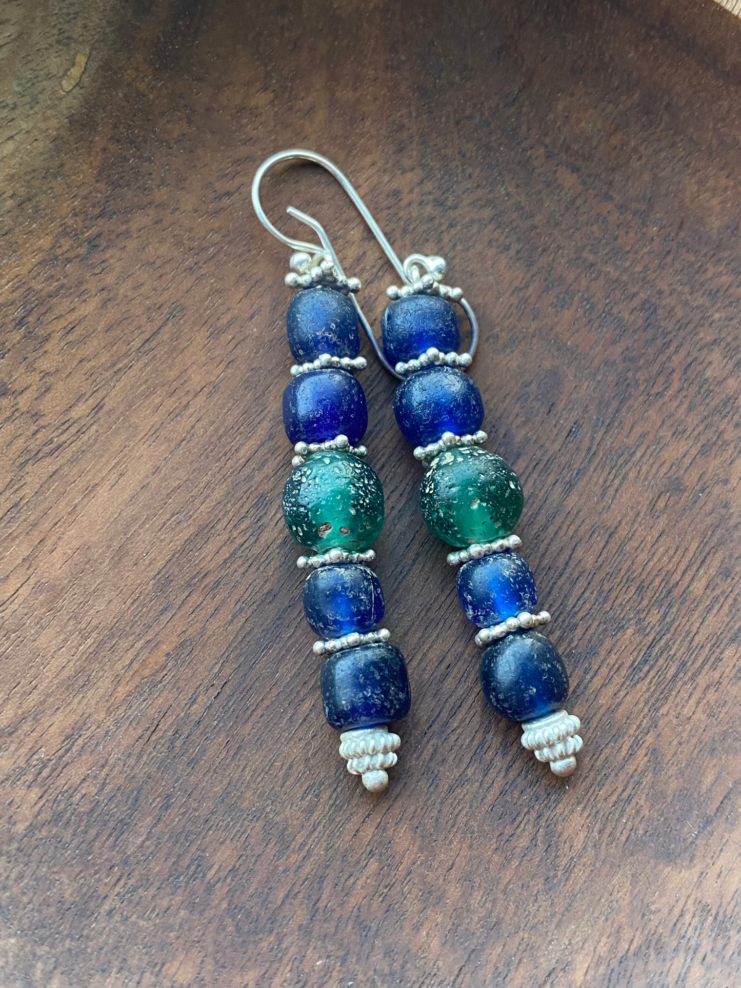 Ancient Javanese Trade Beads-Blue and Green Indo-Pacific Glass Bead Earrings w Sterling Silver