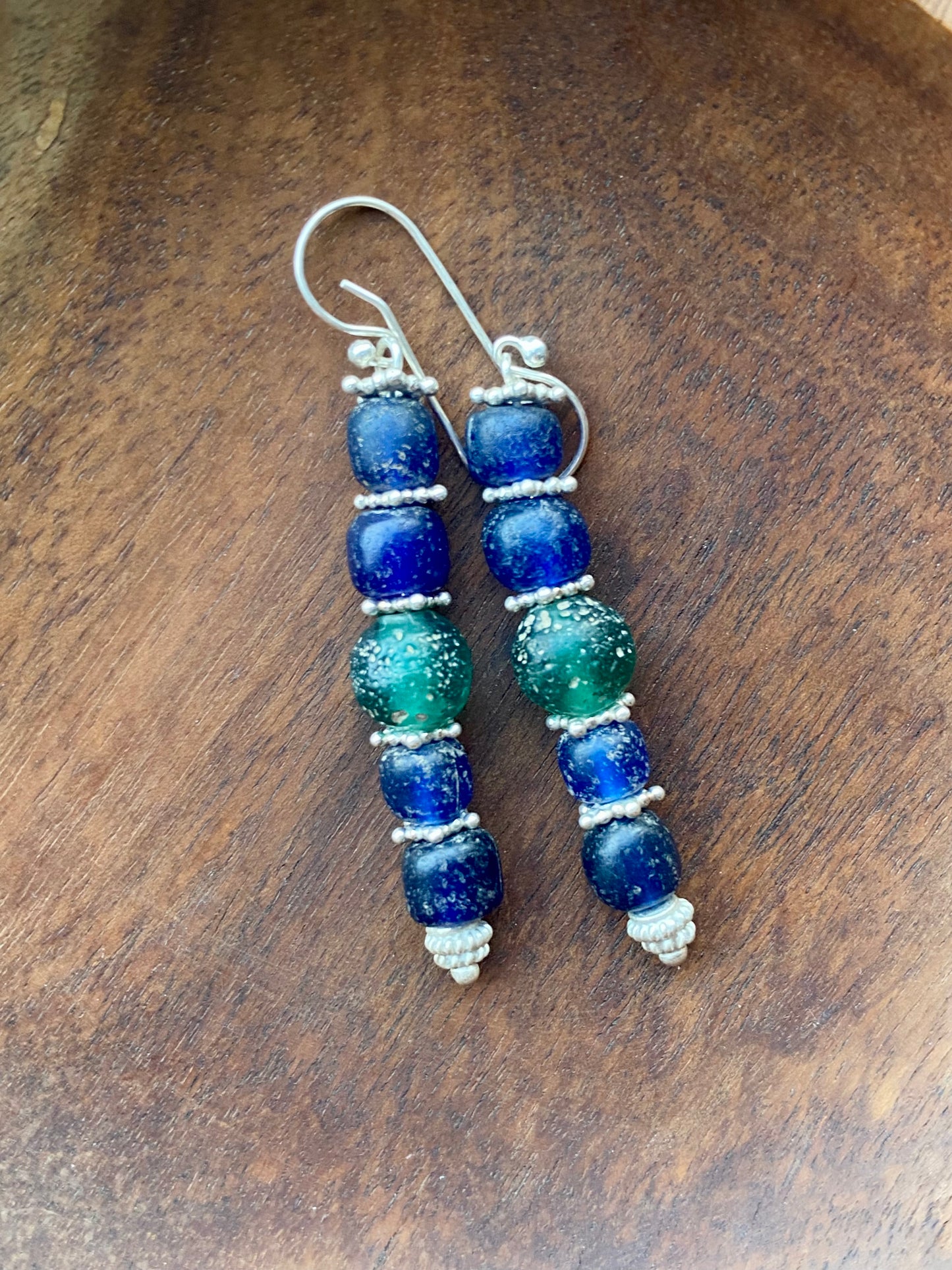 Ancient Javanese Trade Beads-Blue and Green Indo-Pacific Glass Bead Earrings w Sterling Silver