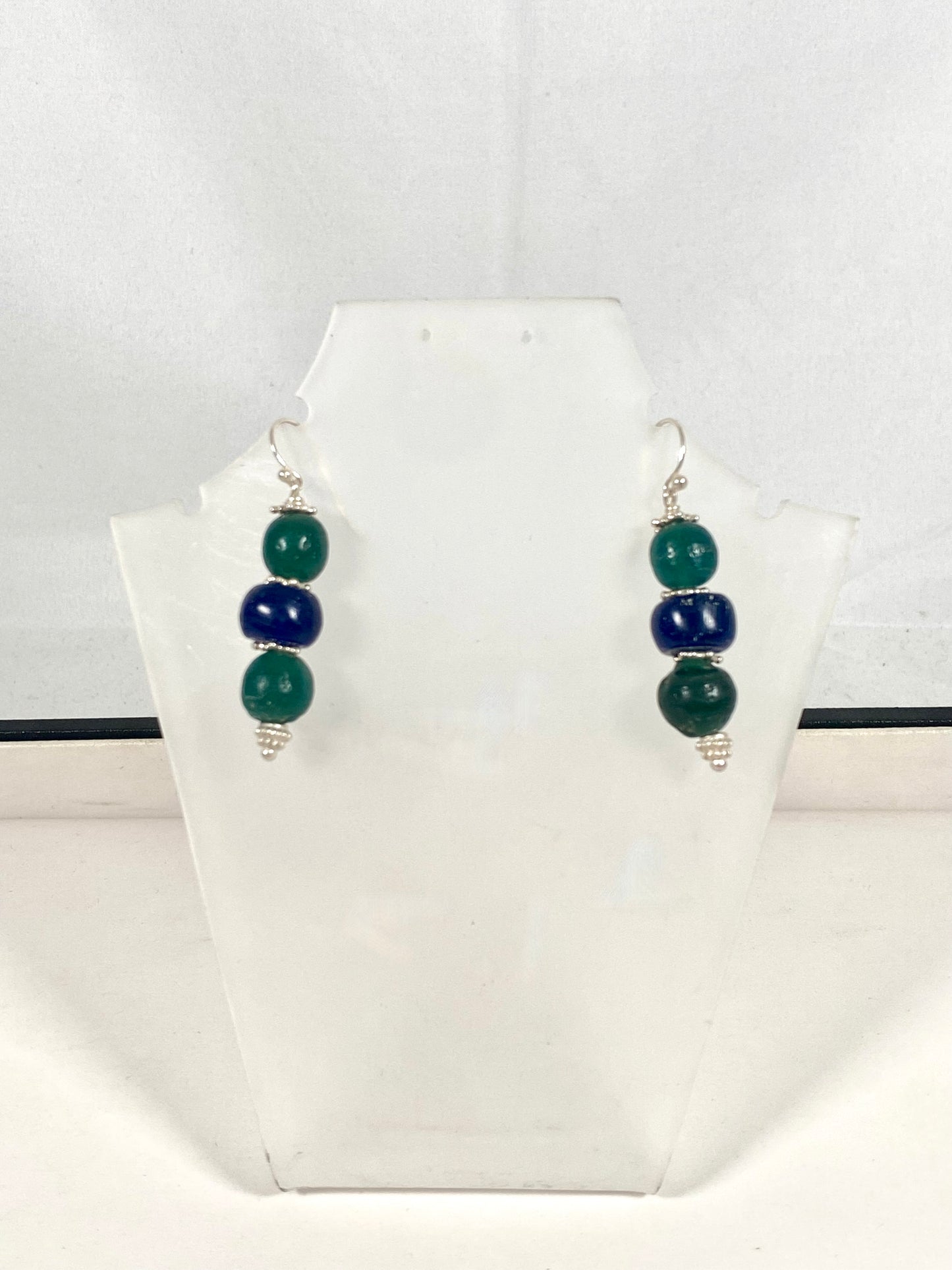 Ancient Javanese Trade Beads-Blue and Green Indo-Pacific Glass Bead Earrings w Sterling Silver