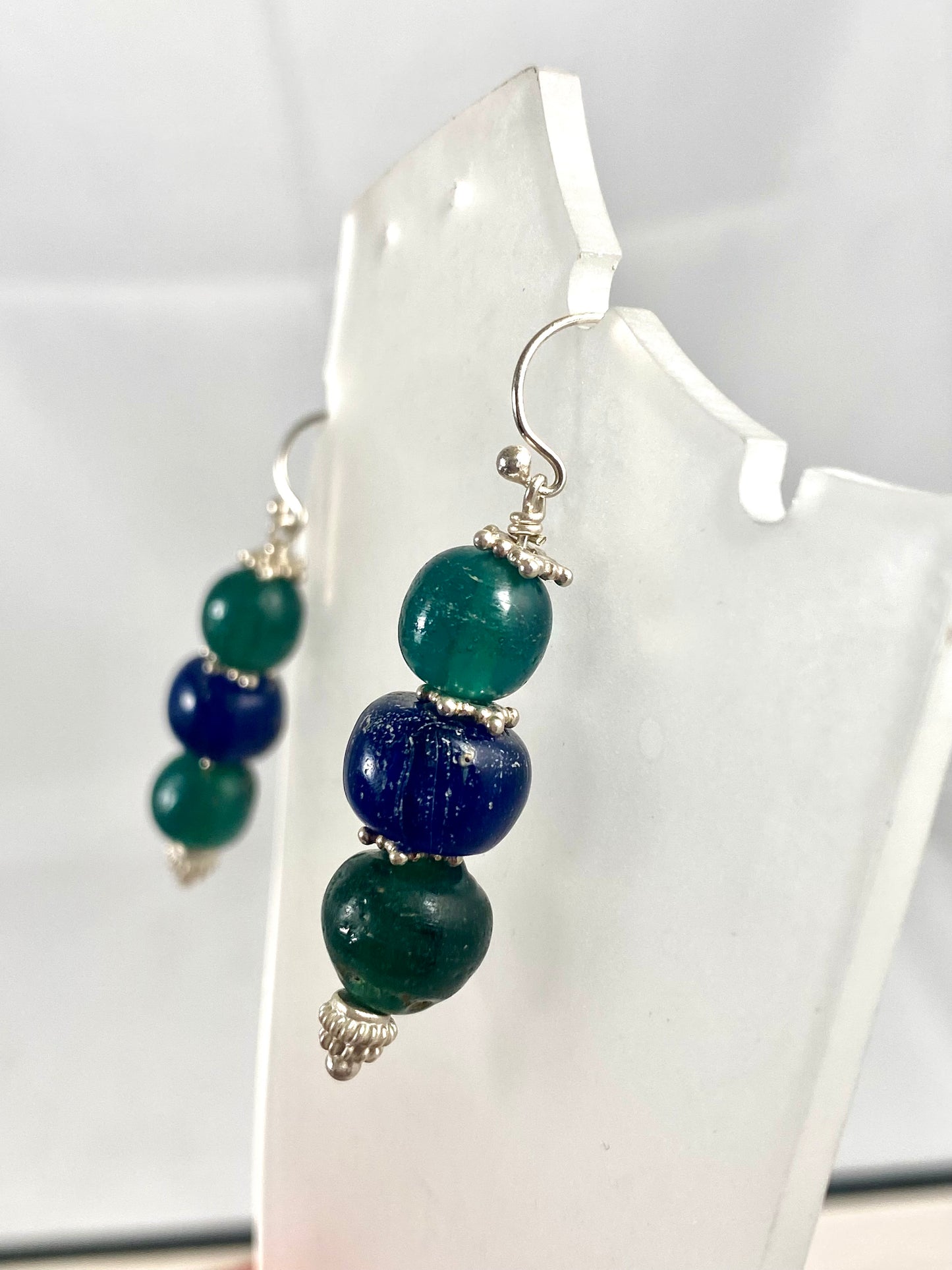 Ancient Javanese Trade Beads-Blue and Green Indo-Pacific Glass Bead Earrings w Sterling Silver
