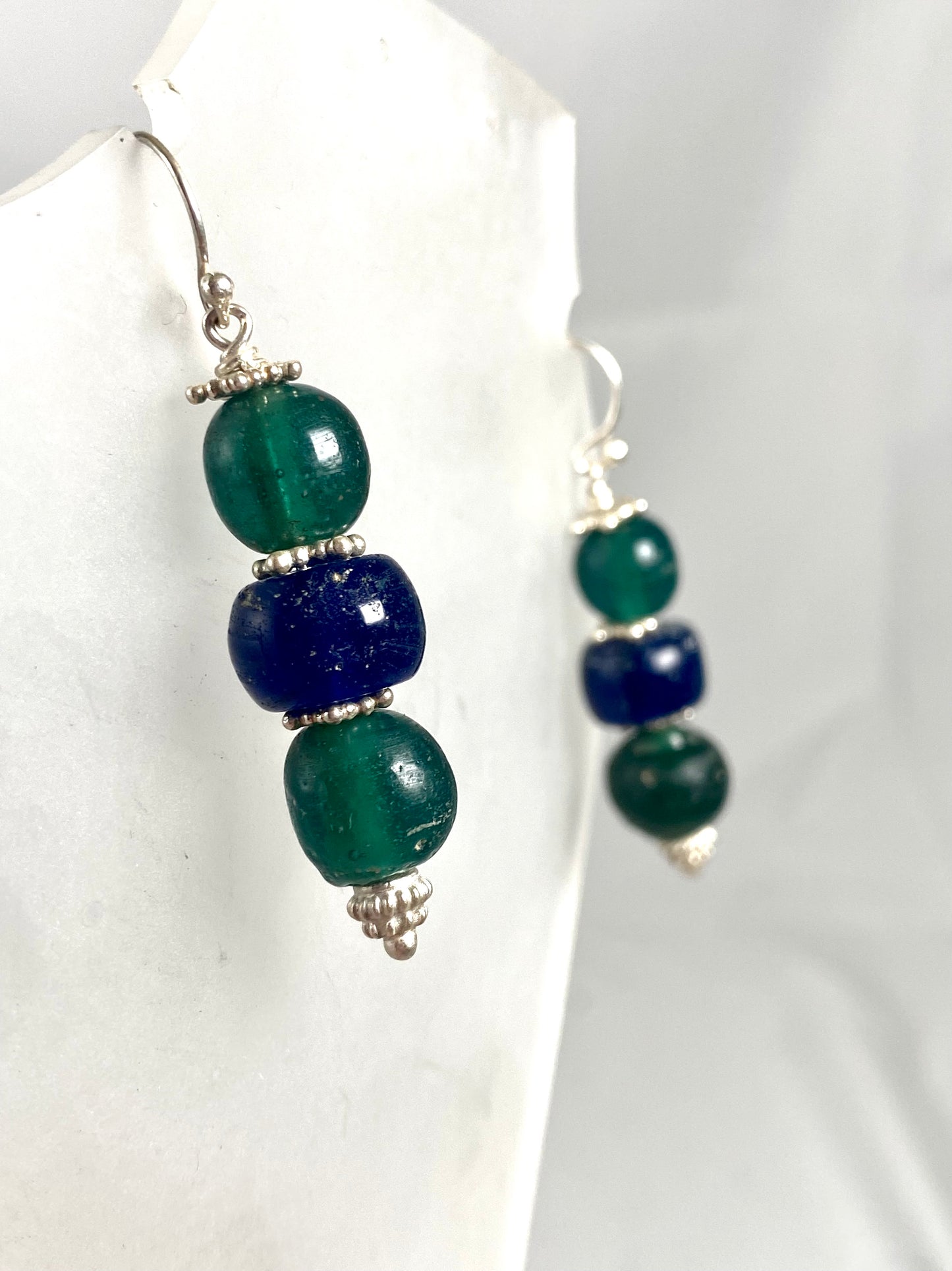 Ancient Javanese Trade Beads-Blue and Green Indo-Pacific Glass Bead Earrings w Sterling Silver