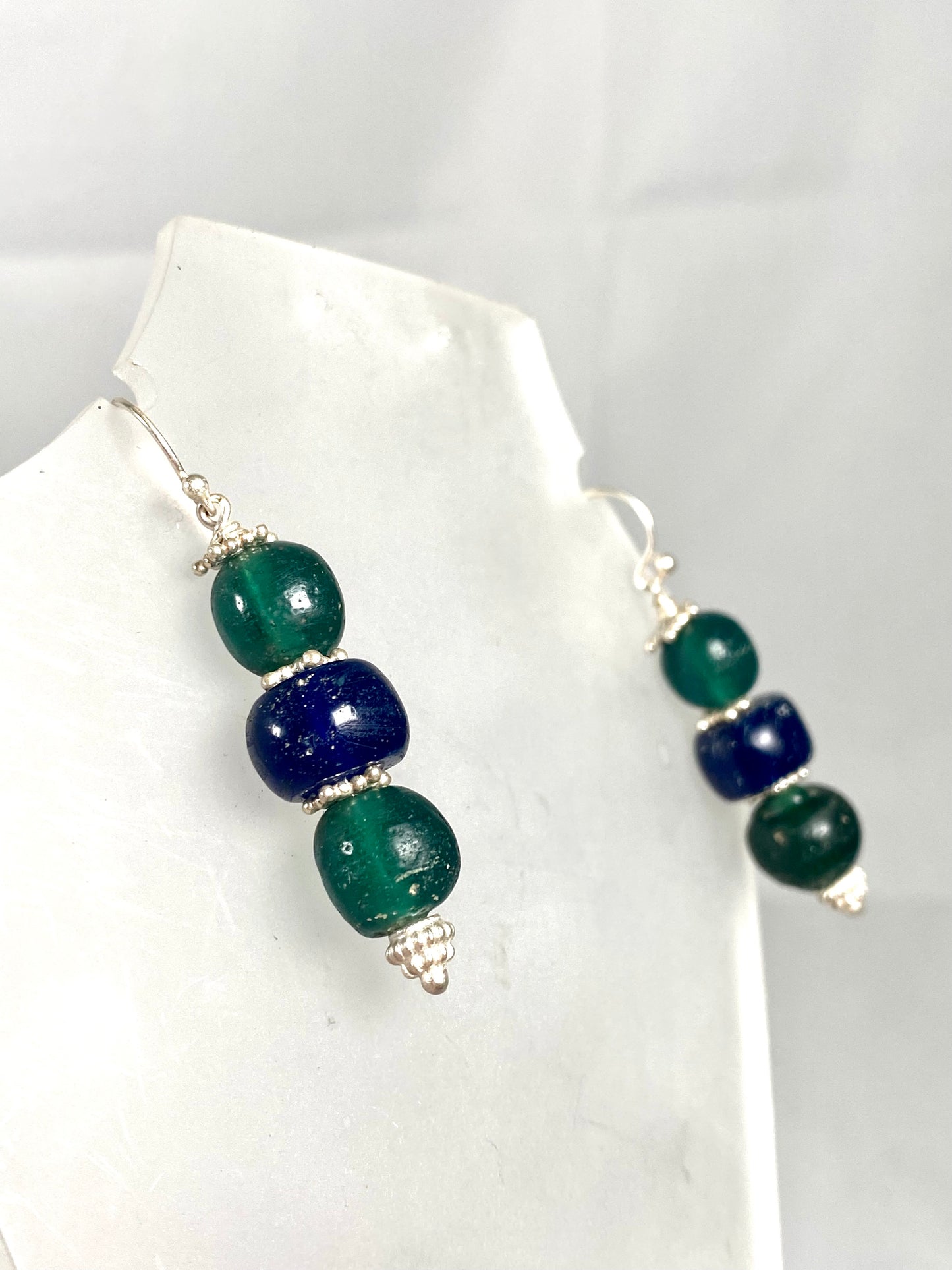 Ancient Javanese Trade Beads-Blue and Green Indo-Pacific Glass Bead Earrings w Sterling Silver