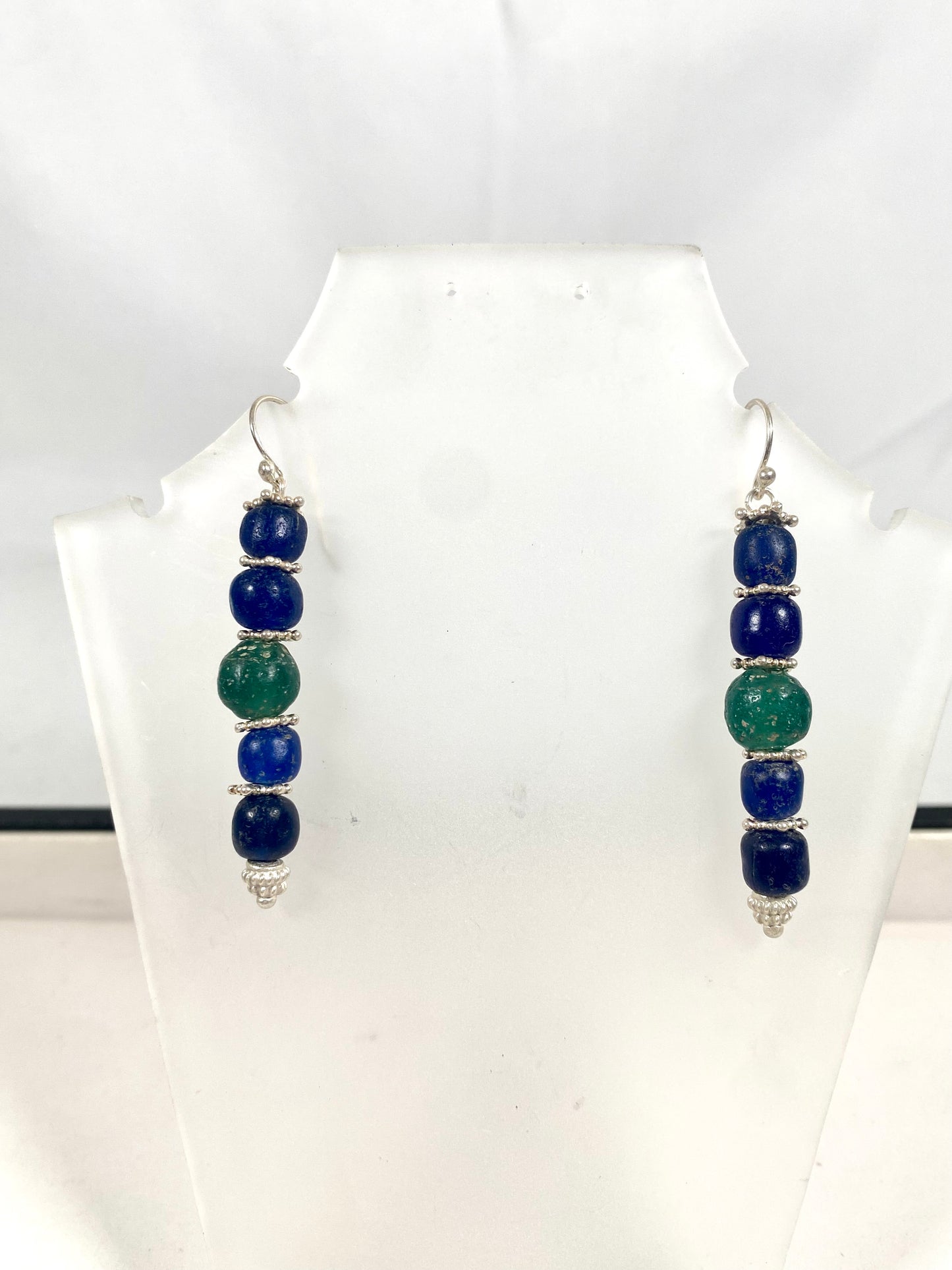 Ancient Javanese Trade Beads-Blue and Green Indo-Pacific Glass Bead Earrings w Sterling Silver