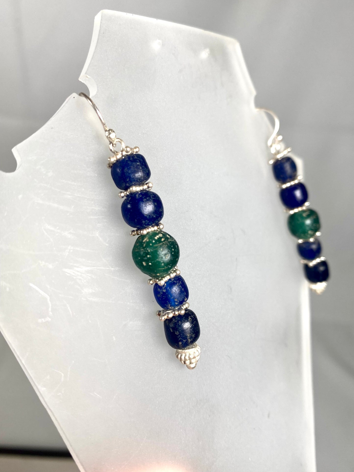 Ancient Javanese Trade Beads-Blue and Green Indo-Pacific Glass Bead Earrings w Sterling Silver