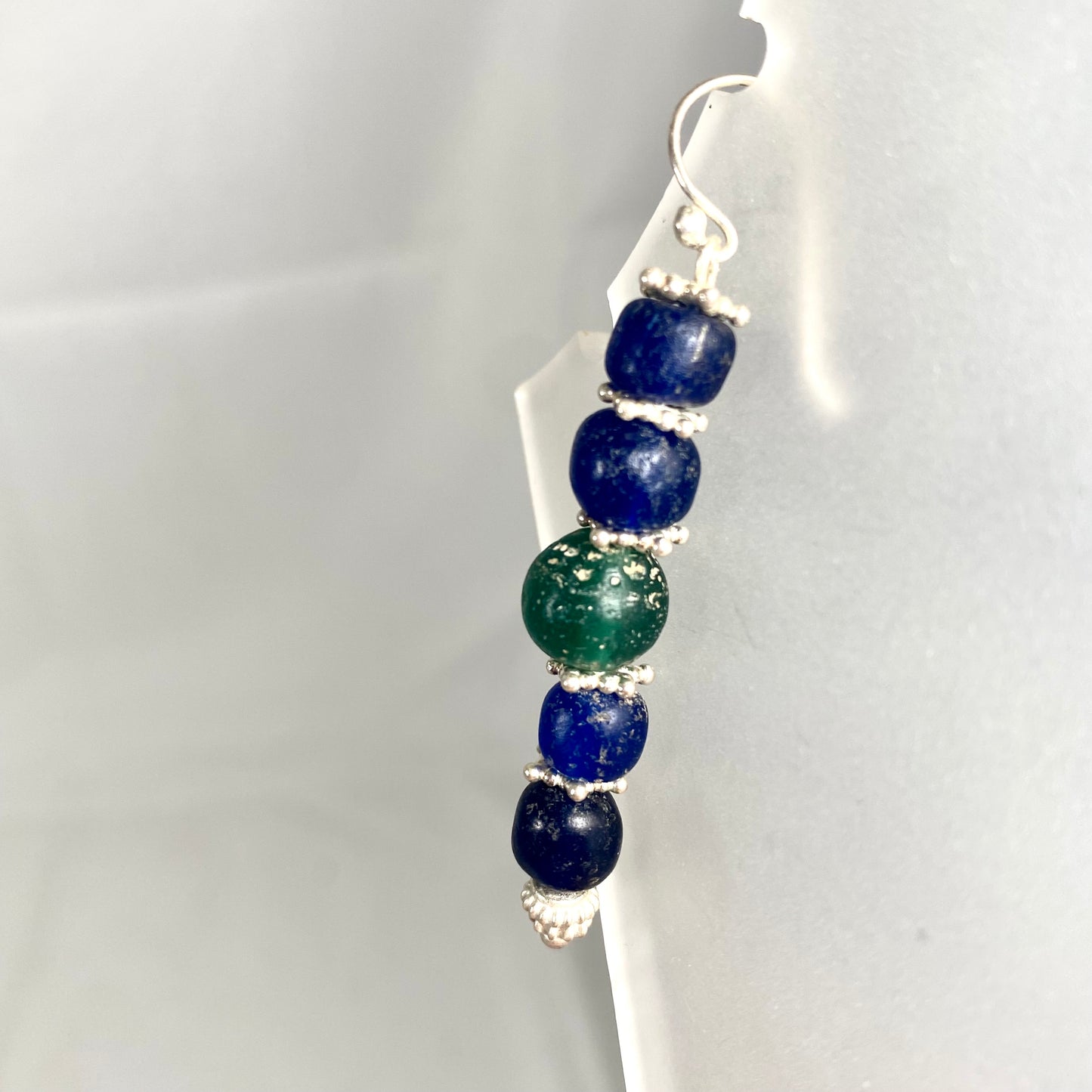 Ancient Javanese Trade Beads-Blue and Green Indo-Pacific Glass Bead Earrings w Sterling Silver