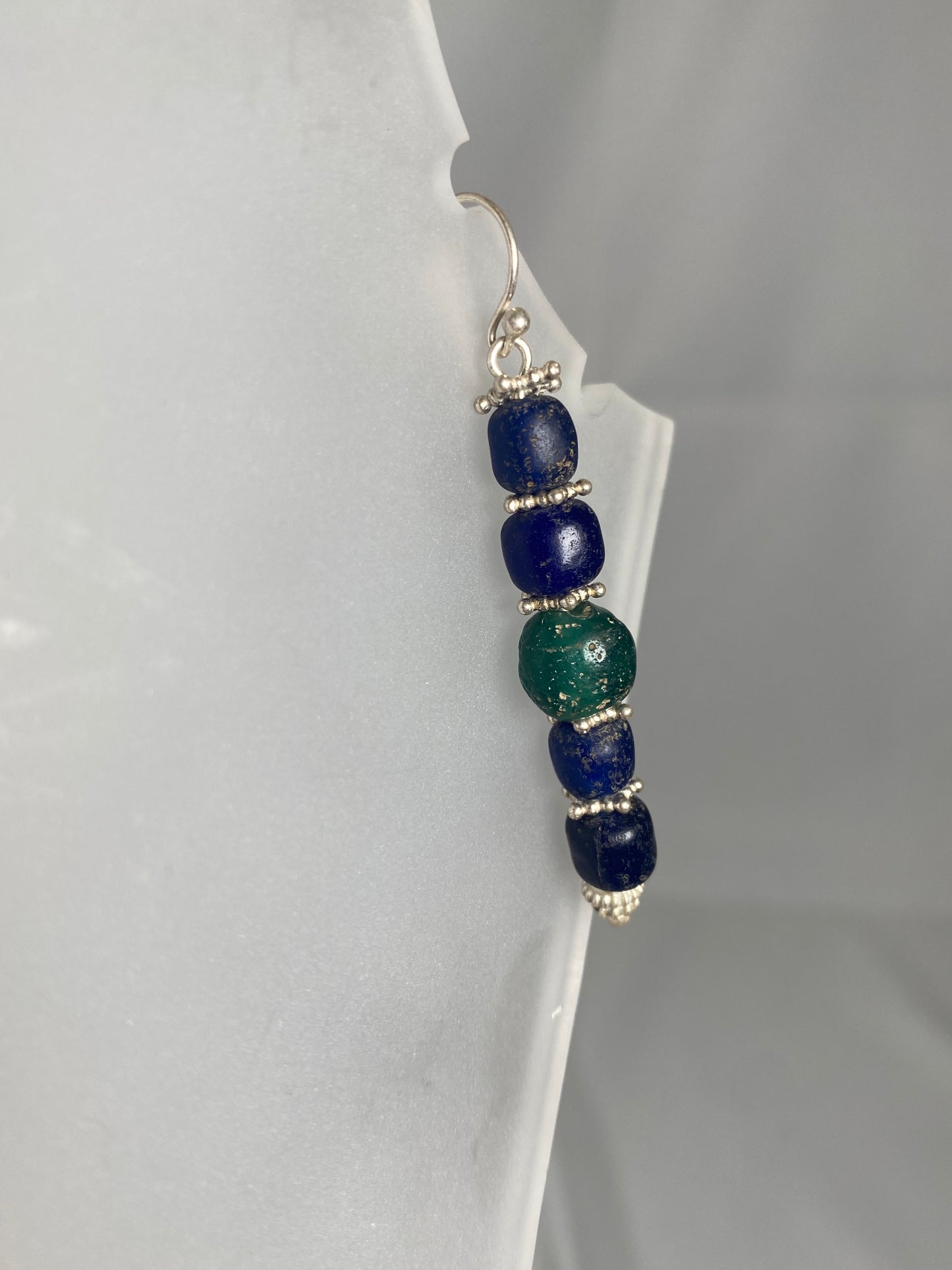 Ancient Javanese Trade Beads-Blue and Green Indo-Pacific Glass Bead Earrings w Sterling Silver