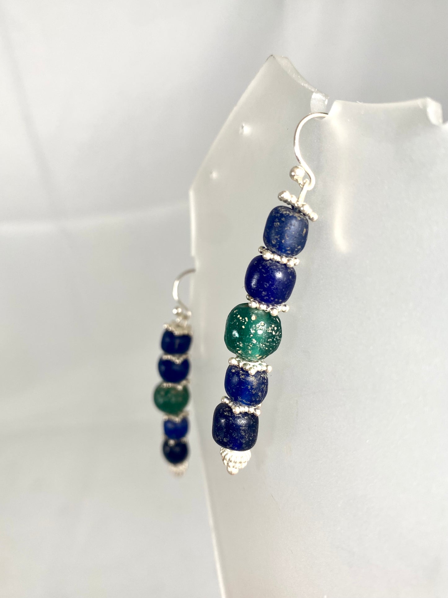 Ancient Javanese Trade Beads-Blue and Green Indo-Pacific Glass Bead Earrings w Sterling Silver