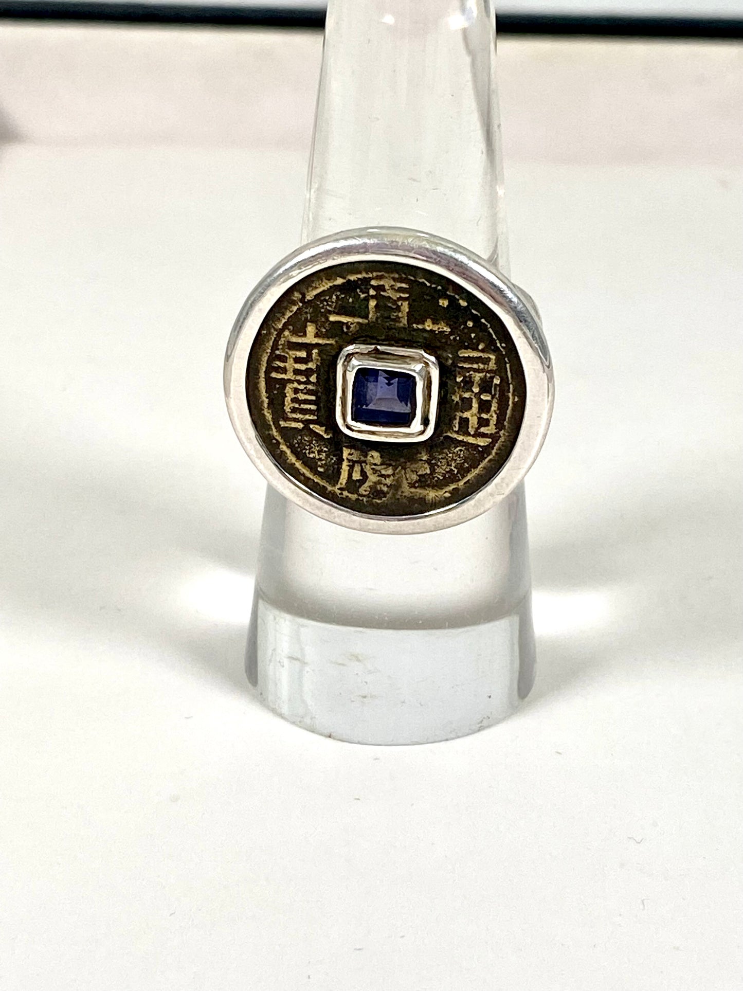Antique Qing Dynasty Jia Qing Reign (1796-1820) Cash Coin Ring in Sterling Silver w Amethyst