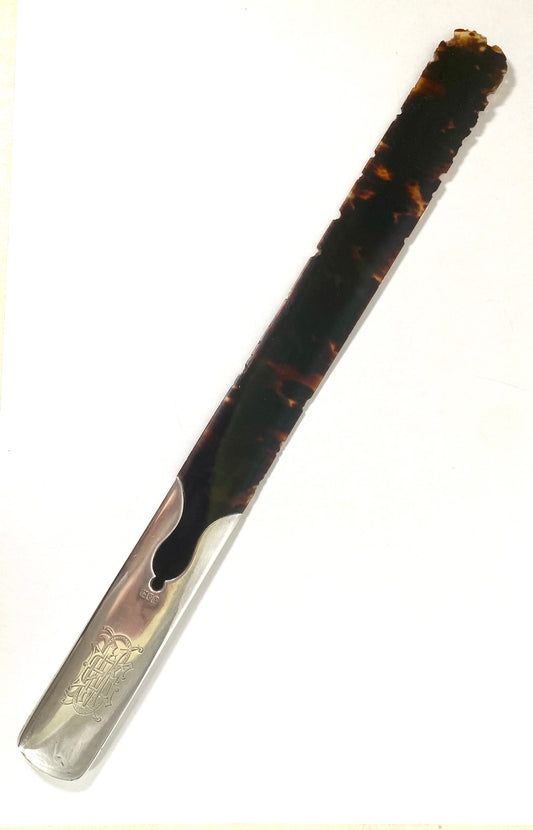 Late Victorian Tortoiseshell Paper Knife / Letter Opener with Sterling Silver Mount