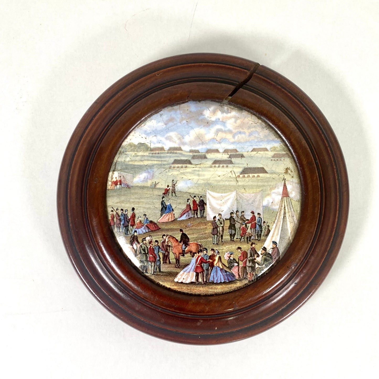 Original Timber Framed Victorian Prattware Pot Lid "The Rifle Contest, Wimbledon, 1868", Mid 19th Century