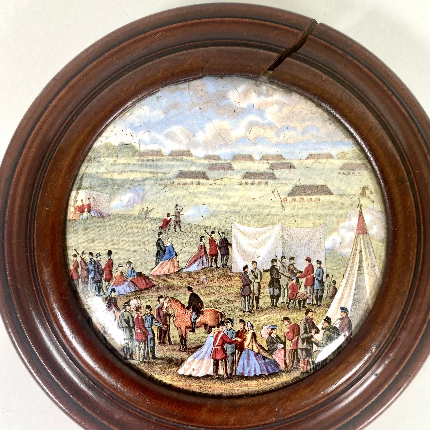 Original Timber Framed Victorian Prattware Pot Lid "The Rifle Contest, Wimbledon, 1868", Mid 19th Century