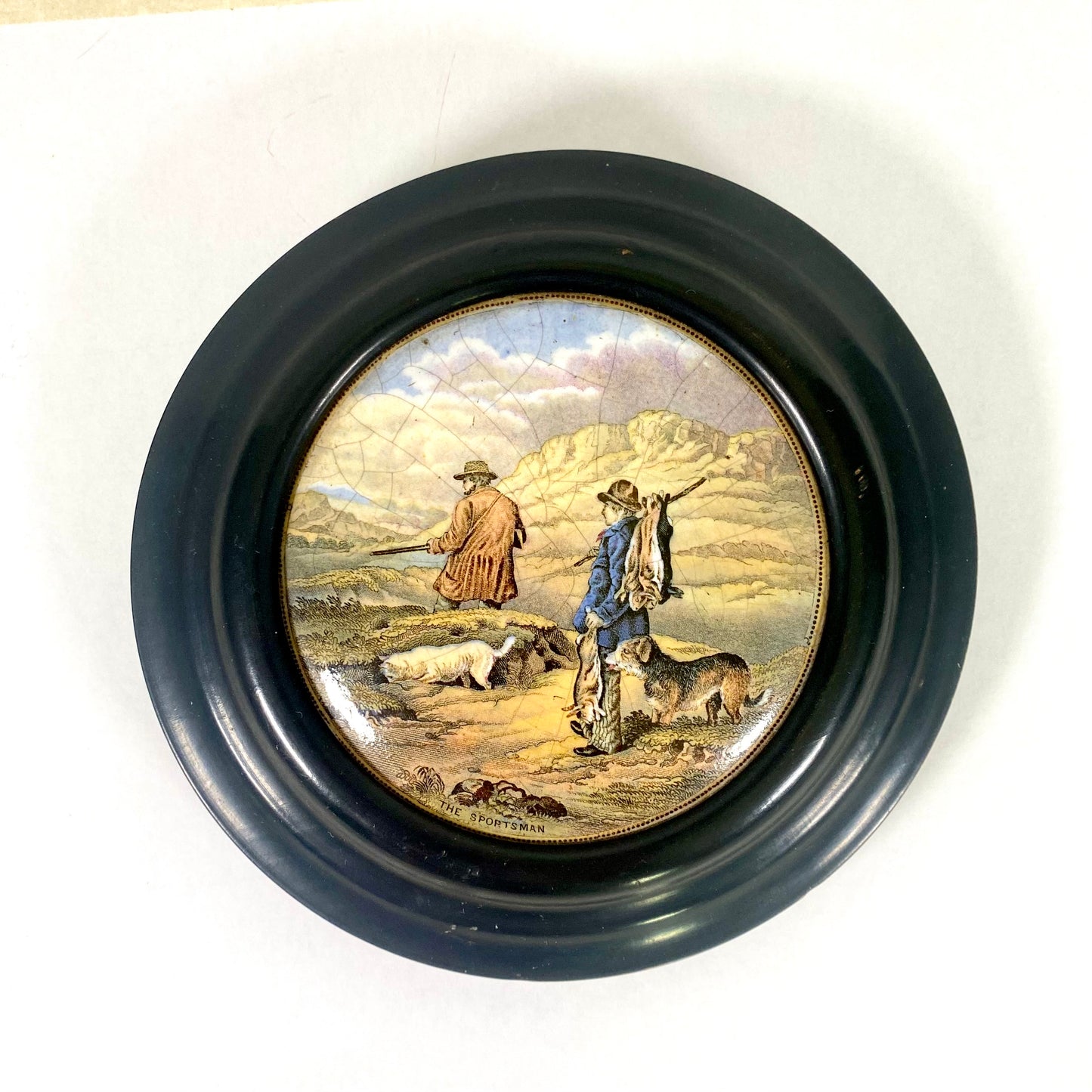 Ebonized Wood Framed Victorian Prattware Pot Lid "The Sportsman", Mid 19th Century