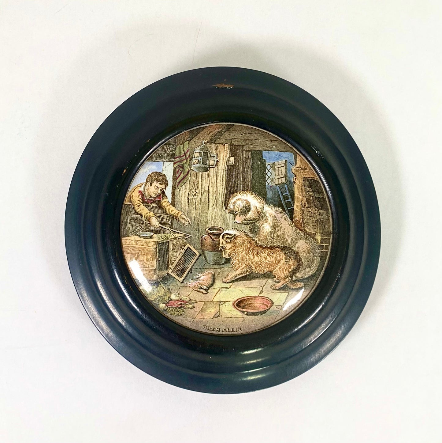 Ebonized Wood Framed Victorian Prattware Pot Lid "Both Alike", Mid 19th Century