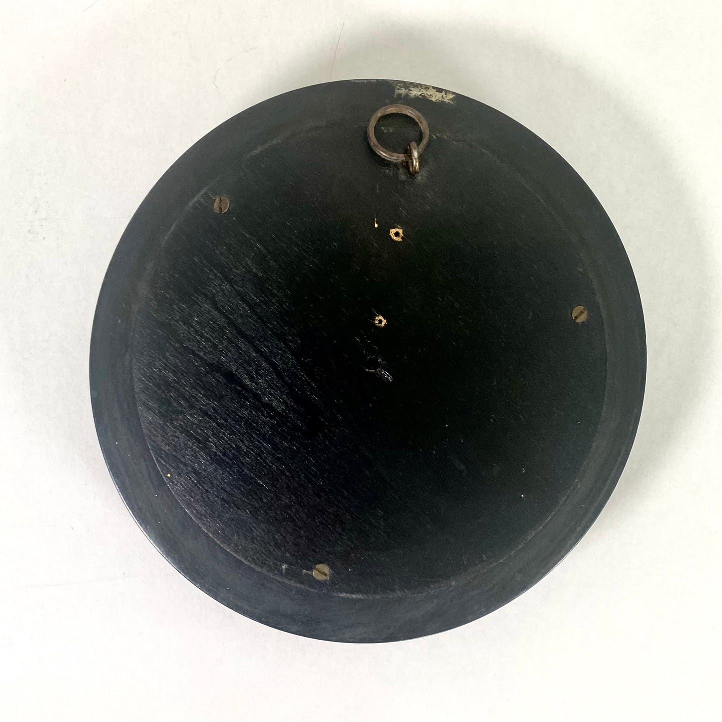 Ebonized Wood Framed Victorian Prattware Pot Lid "Both Alike", Mid 19th Century