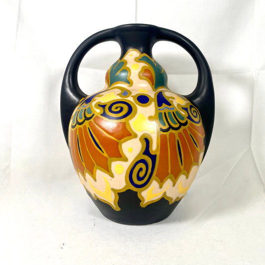 罕见的荷兰装饰艺术风格陶器双柄双耳花瓶，达拉图案，约 20 世纪 20 年代