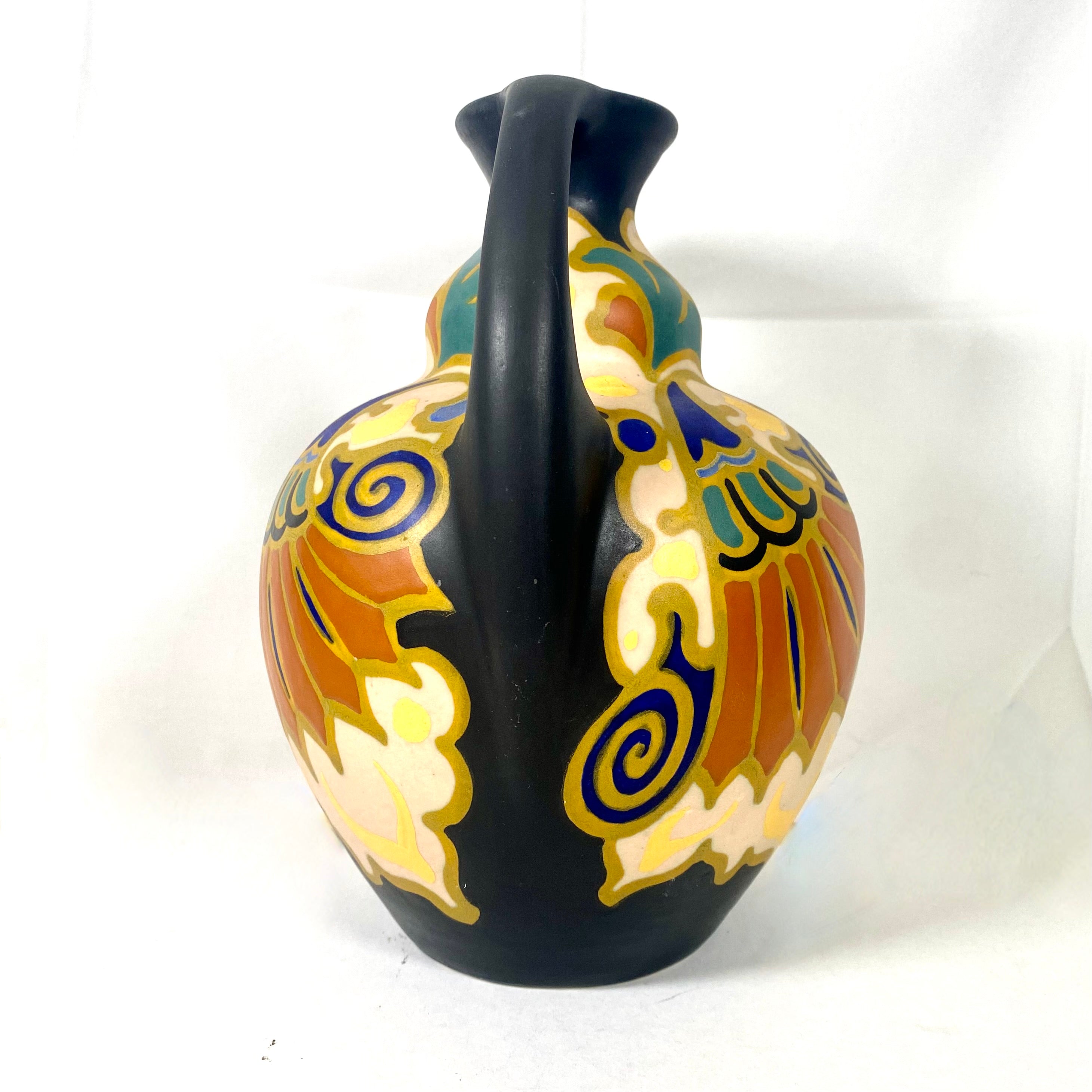 Store 1930s Japanese Gouda Holland Style Pottery Jug / Vintage Art Pottery / Flower Pattern Pottery / Art Deco Art Nouveau Pottery