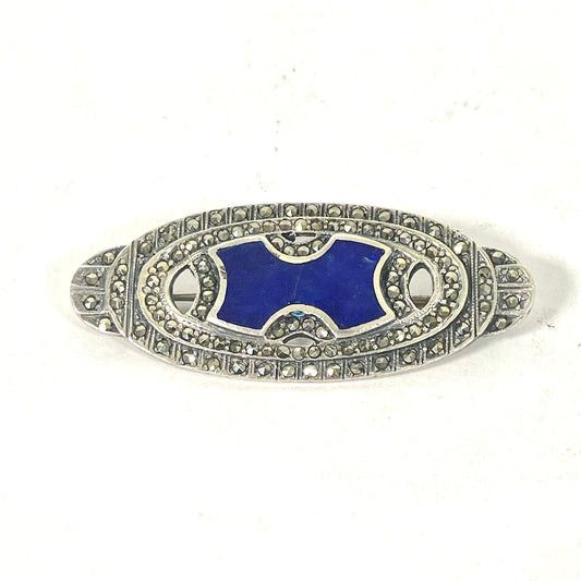 Art Deco style vintage, possibly antique, sterling silver and marcasite brooch with central lapis lazuli plaque