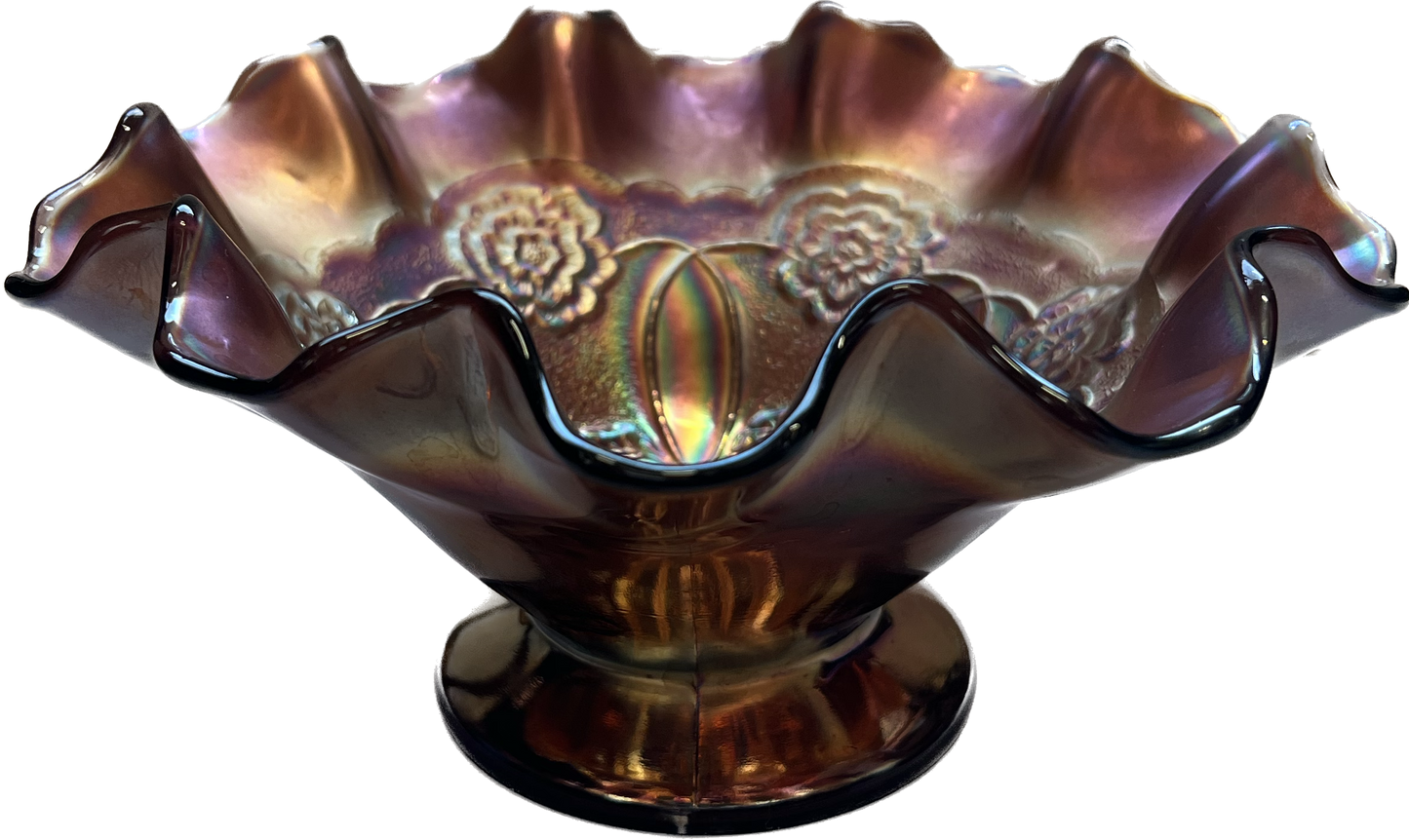 Antique Dugan amethyst carnival glass tri-footed comport, Double Stem Rose pattern, 1910s.