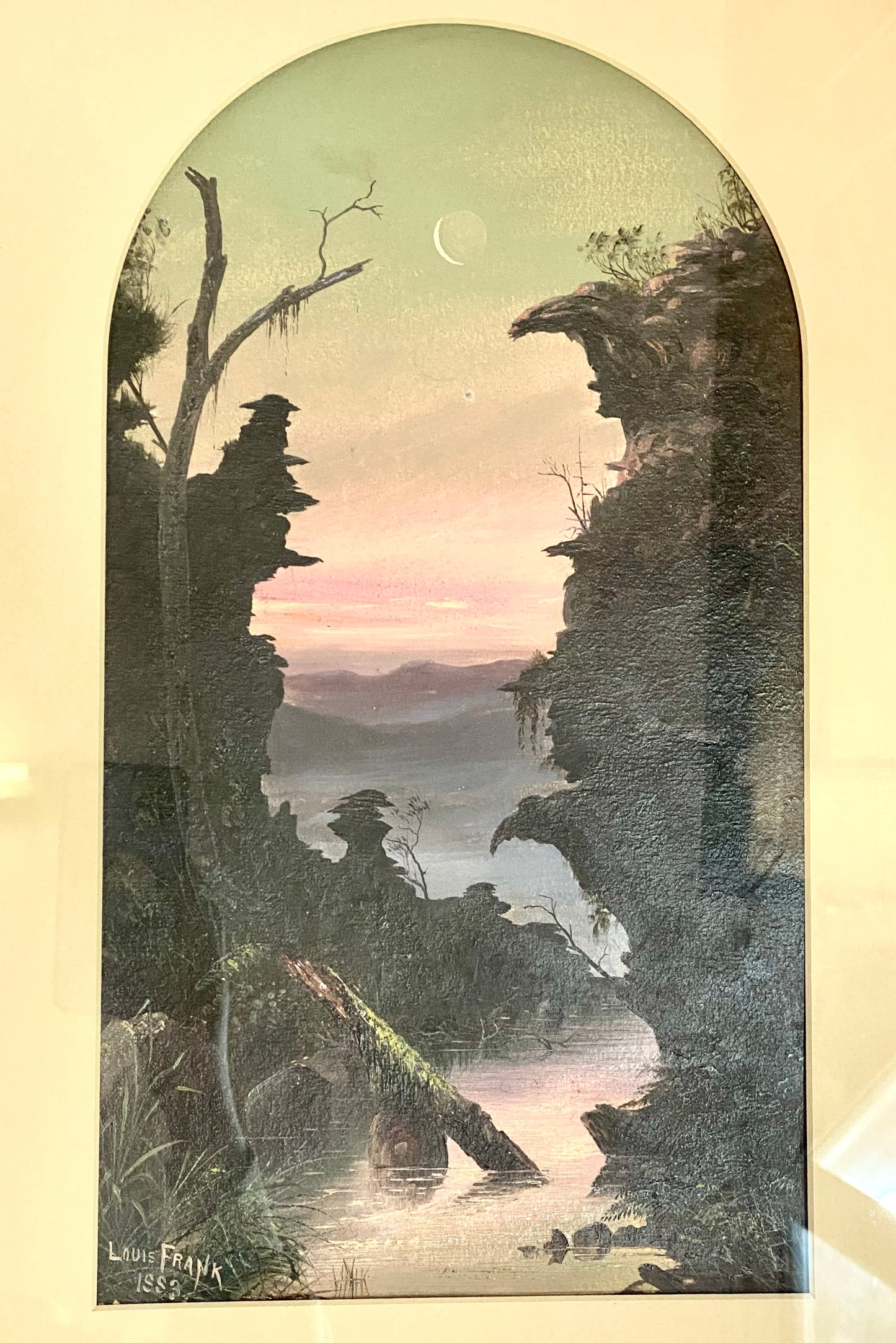19 世纪晚期澳大利亚殖民时期油画《布莱克希思附近的峡谷，日落后的蓝山，1883 年》。路易斯·弗兰克，新南威尔士州。