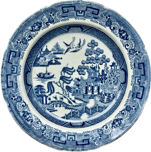 Antique early to mid 19th century English Blue Willow pattern plate, early Staffordshire, attrib. John Meir & Sons