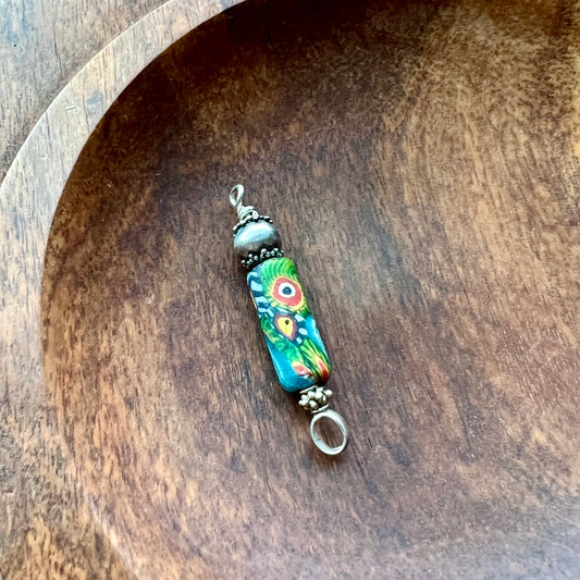 Antique Venetian Trade Bead Pendant with Sterling Silver Setting, Millefiori Canes Fused in "End of Day" Style