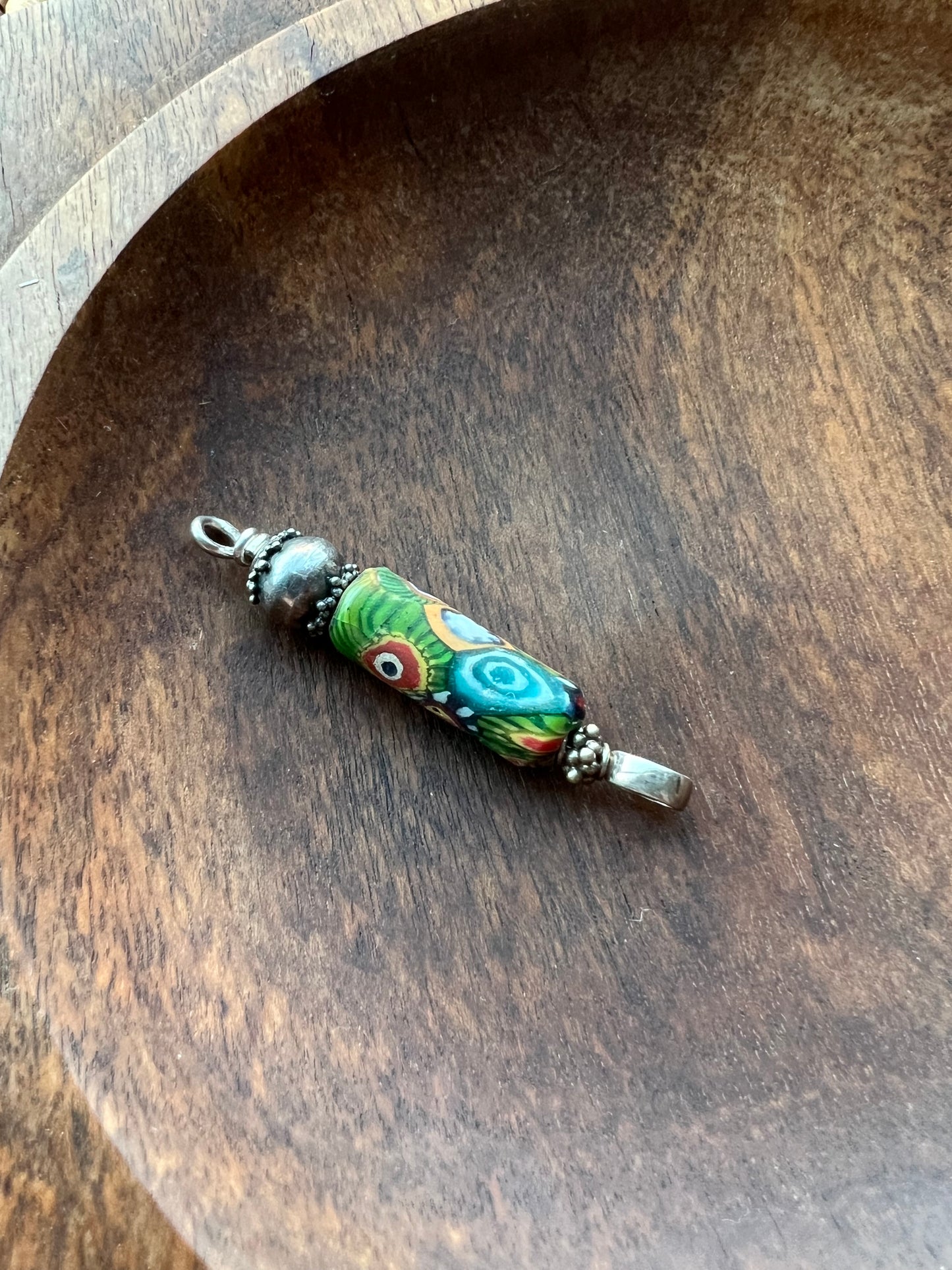 Antique Venetian Trade Bead Pendant with Sterling Silver Setting, Millefiori Canes Fused in "End of Day" Style