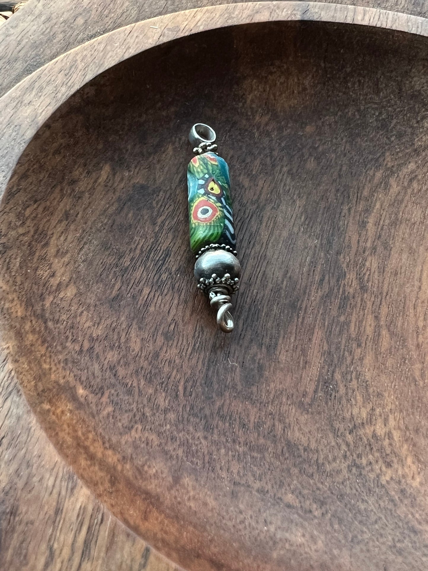 Antique Venetian Trade Bead Pendant with Sterling Silver Setting, Millefiori Canes Fused in "End of Day" Style