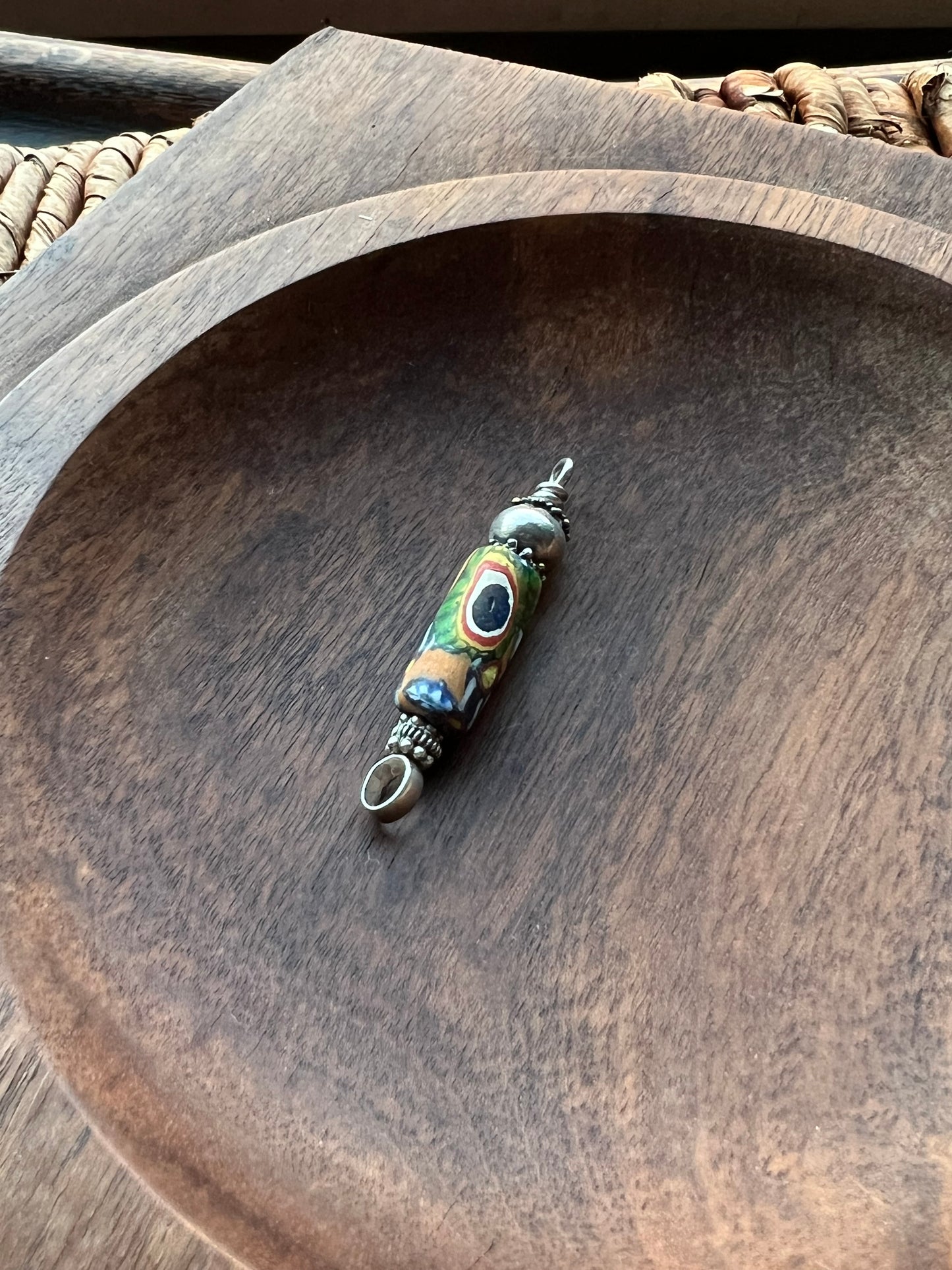 Antique Venetian Trade Bead Pendant with Sterling Silver Setting, Millefiori Canes Fused in "End of Day" Style