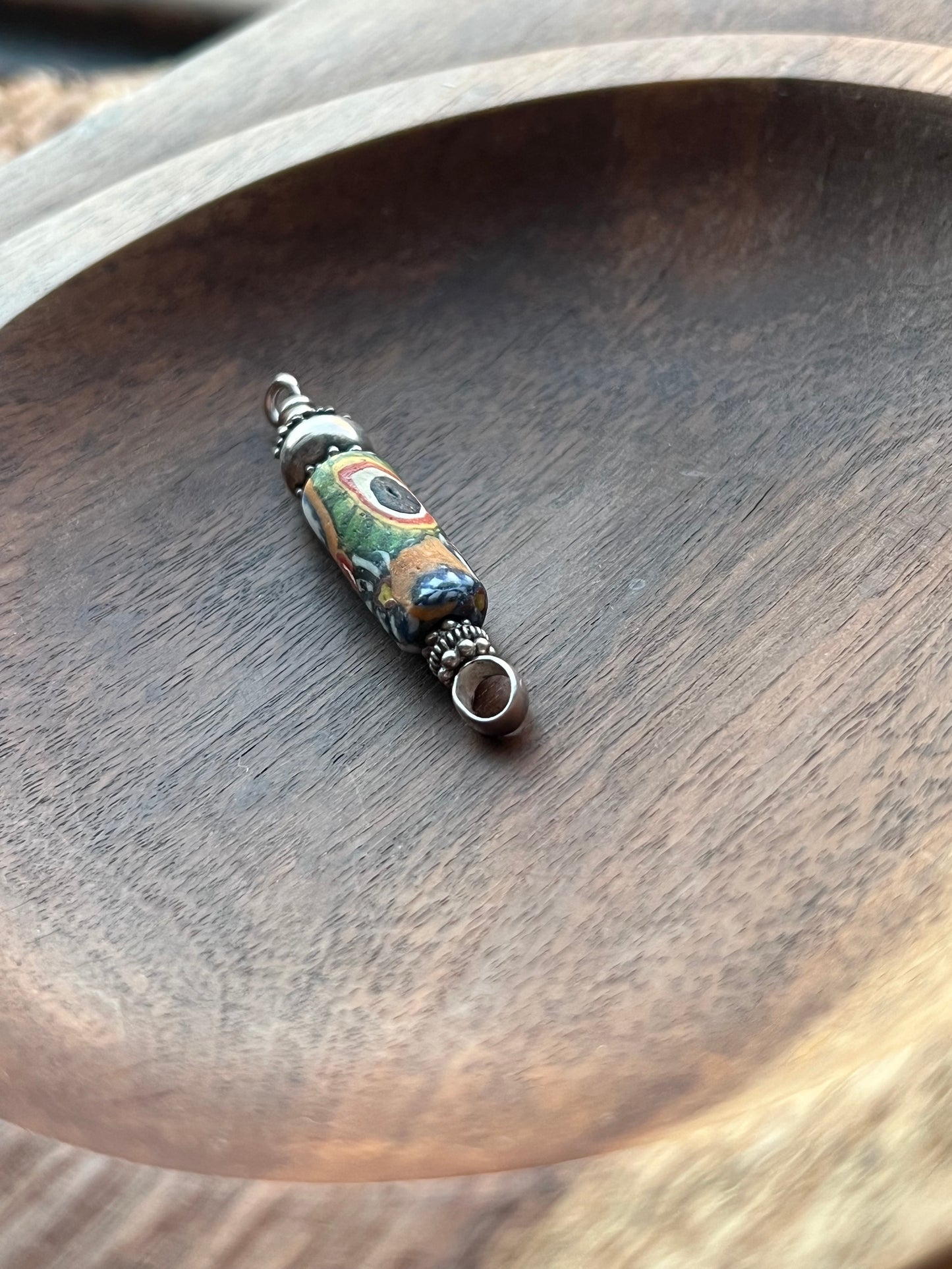 Antique Venetian Trade Bead Pendant with Sterling Silver Setting, Millefiori Canes Fused in "End of Day" Style