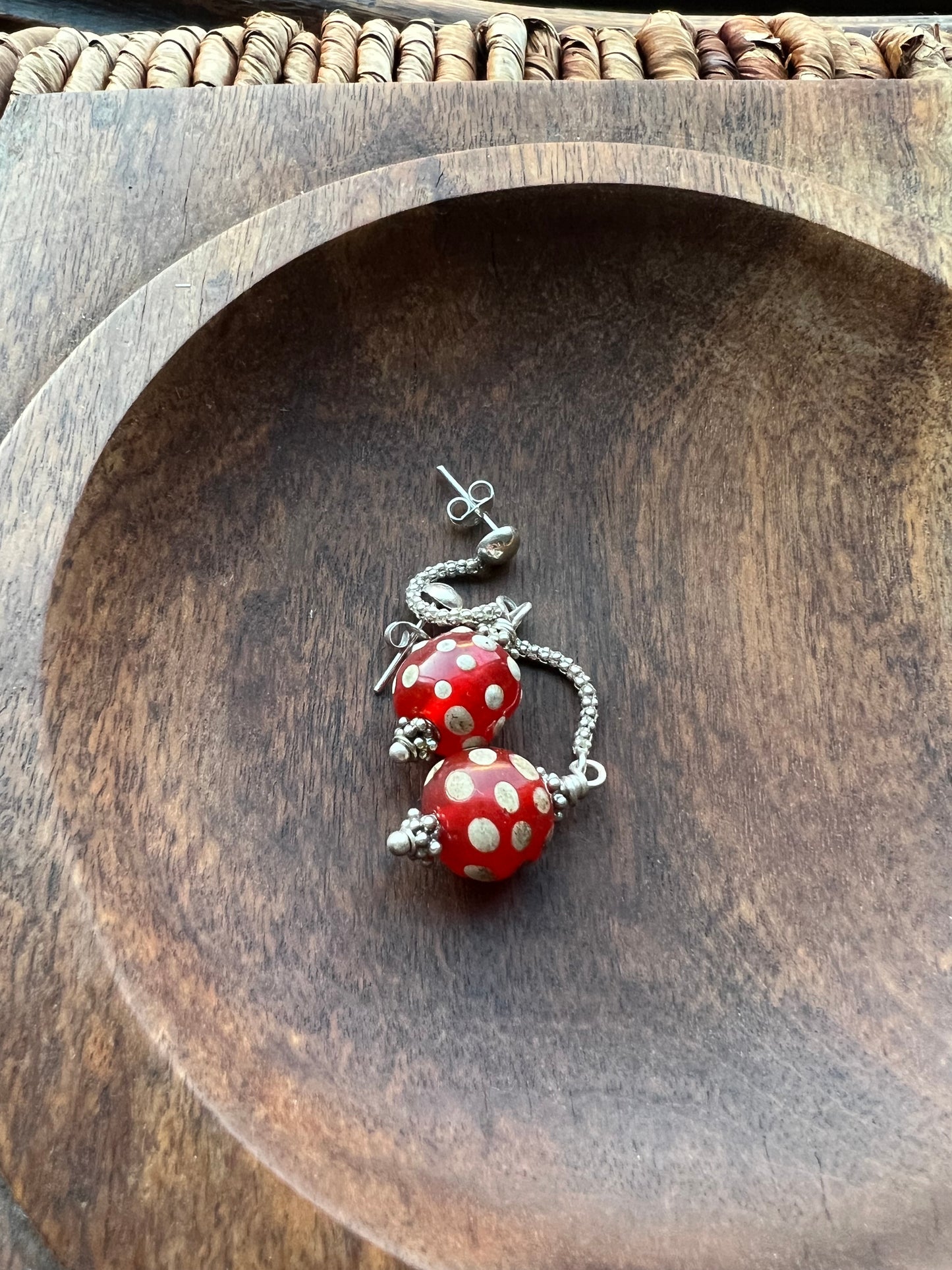 Antique Venetian Cornaline d'Aleppo or “Red Skunk” Bead Earrings with Sterling Silver Settings