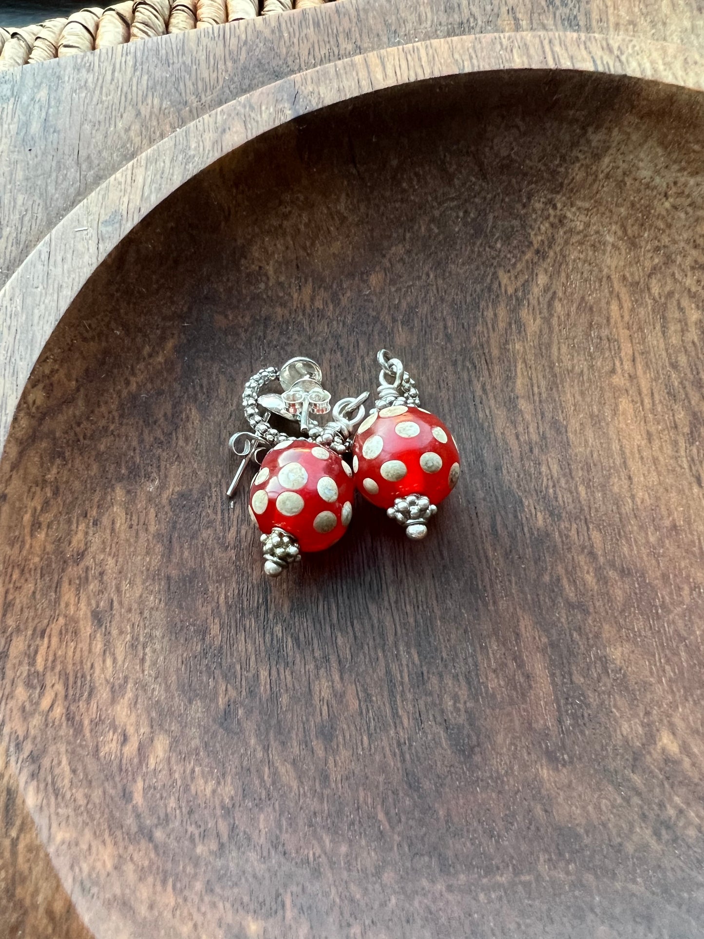 Antique Venetian Cornaline d'Aleppo or “Red Skunk” Bead Earrings with Sterling Silver Settings