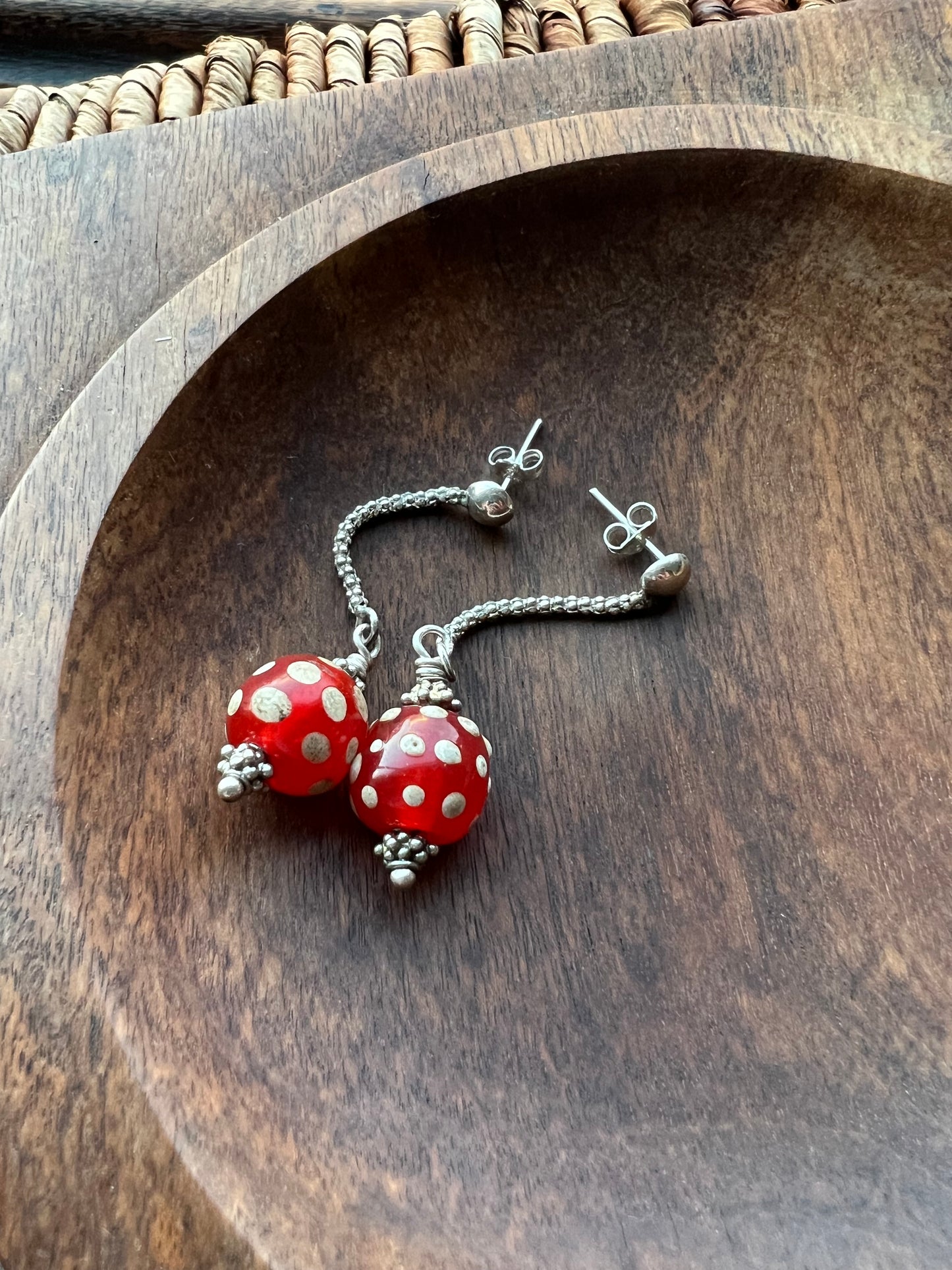 Antique Venetian Cornaline d'Aleppo or “Red Skunk” Bead Earrings with Sterling Silver Settings