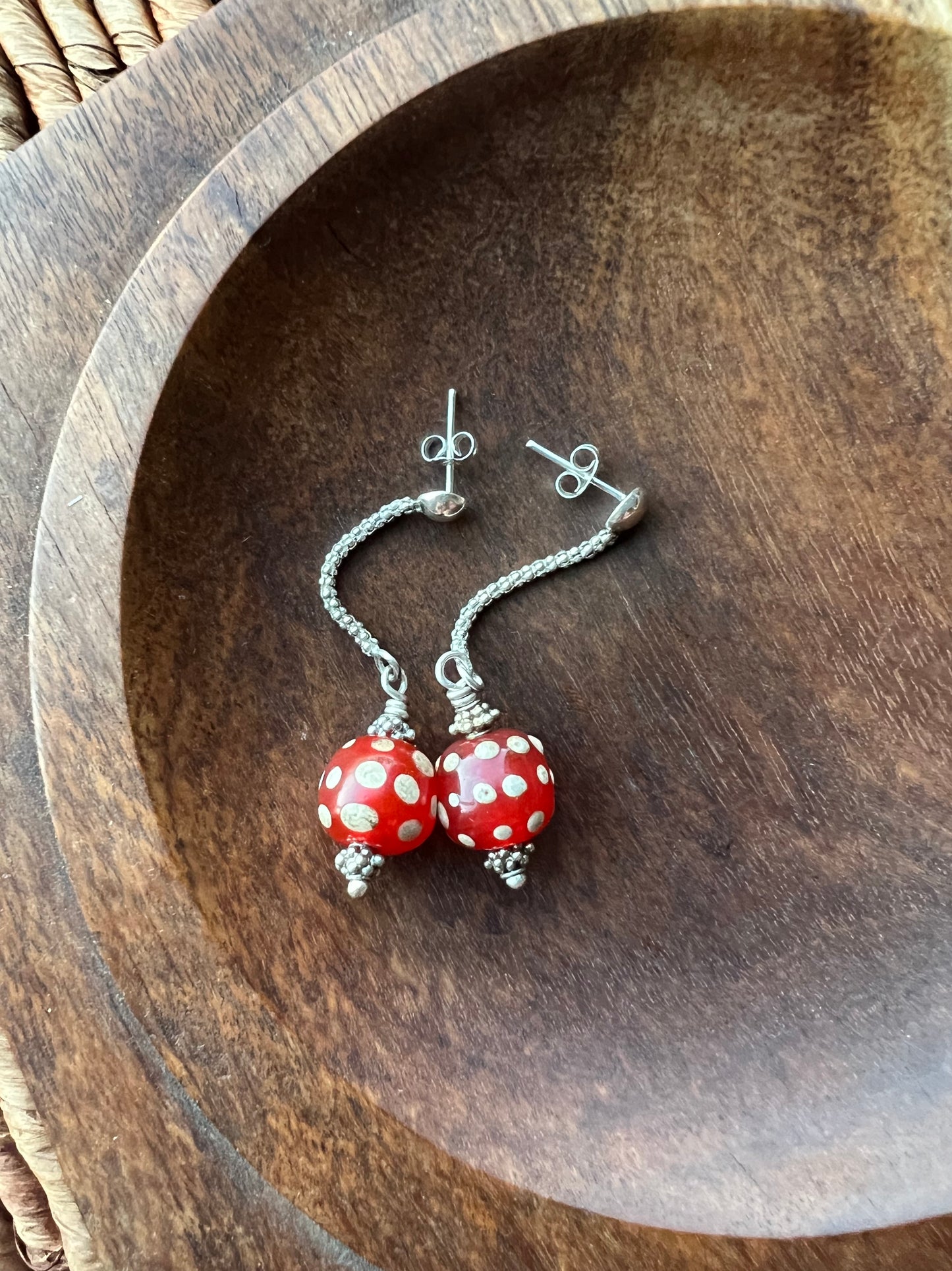 Antique Venetian Cornaline d'Aleppo or “Red Skunk” Bead Earrings with Sterling Silver Settings