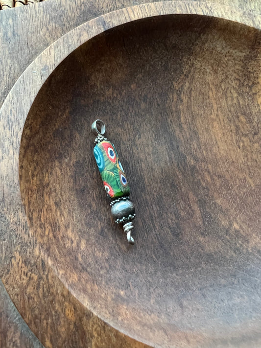Antique Venetian Trade Bead Pendant with Sterling Silver Setting, Millefiori Canes Fused in "End of Day" Style