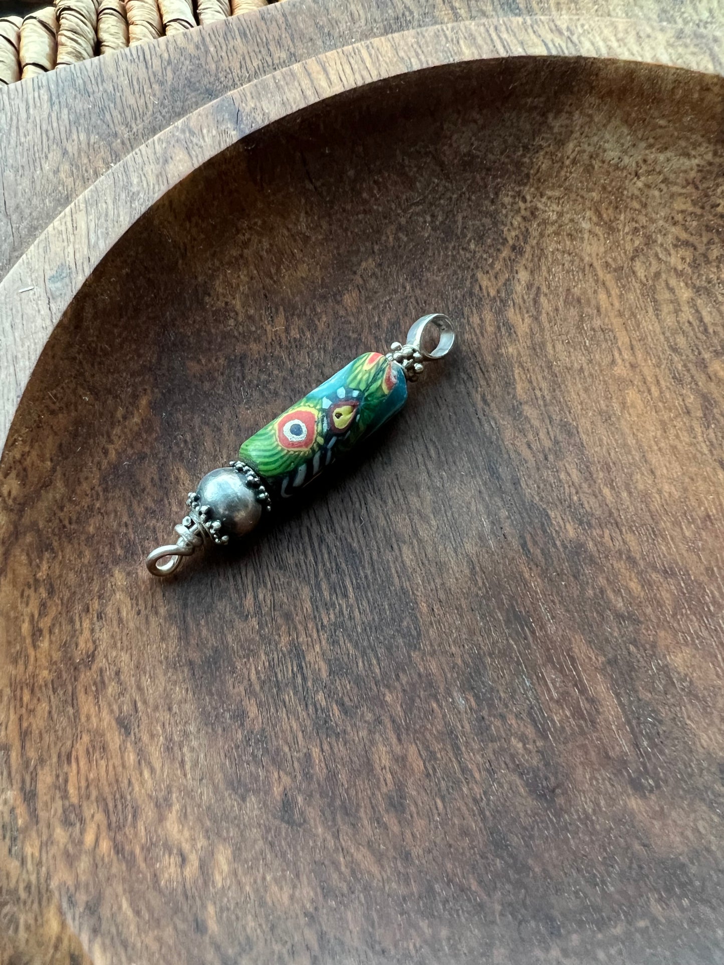 Antique Venetian Trade Bead Pendant with Sterling Silver Setting, Millefiori Canes Fused in "End of Day" Style