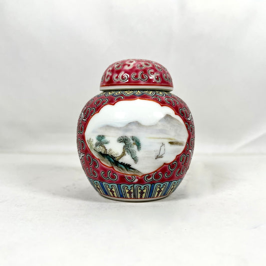 1960 年代至 1980 年代景德镇红彩手绘山水带盖姜罐