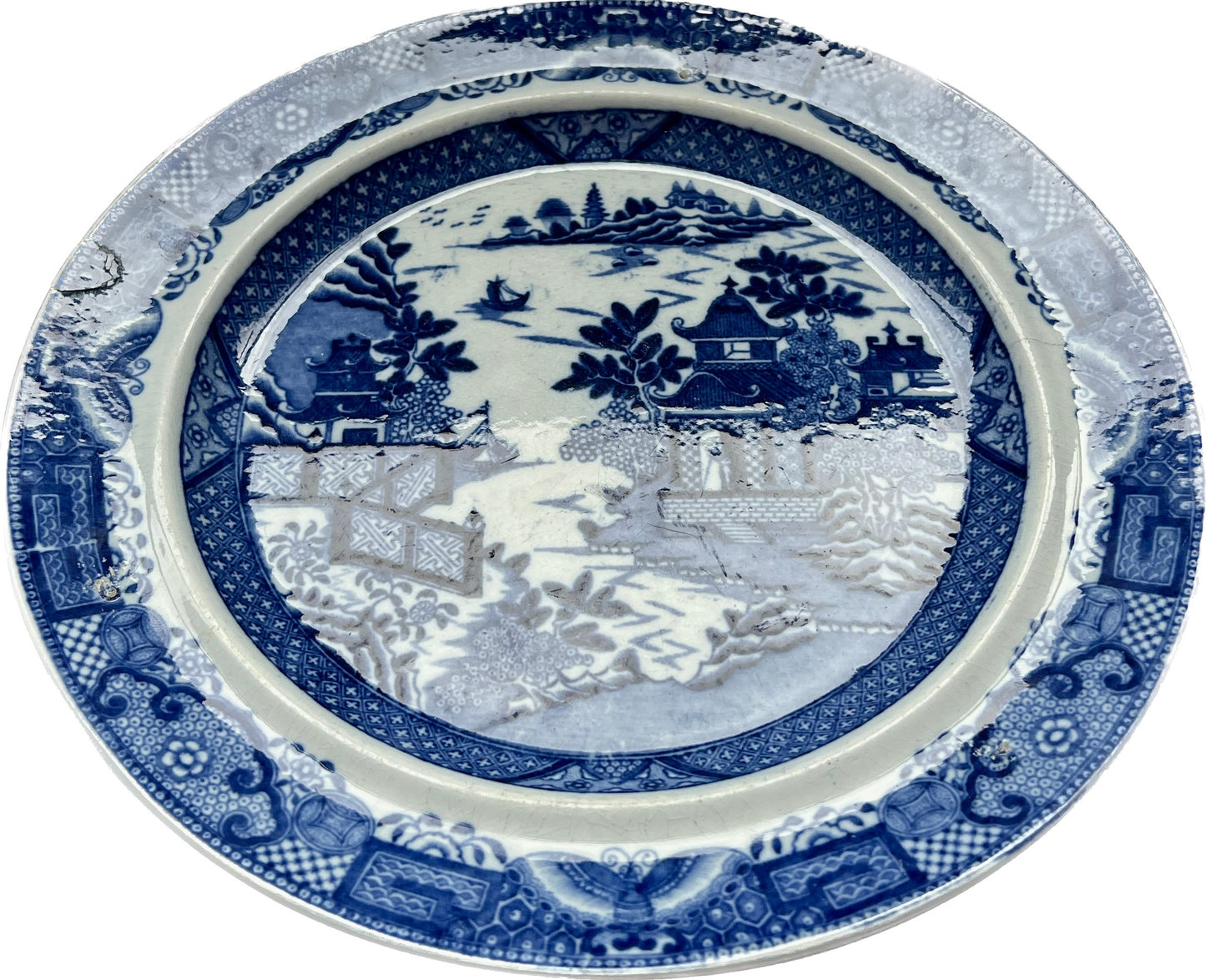 Antique early to mid 19th century English Blue Willow pattern plate,  early Staffordshire or Burslem