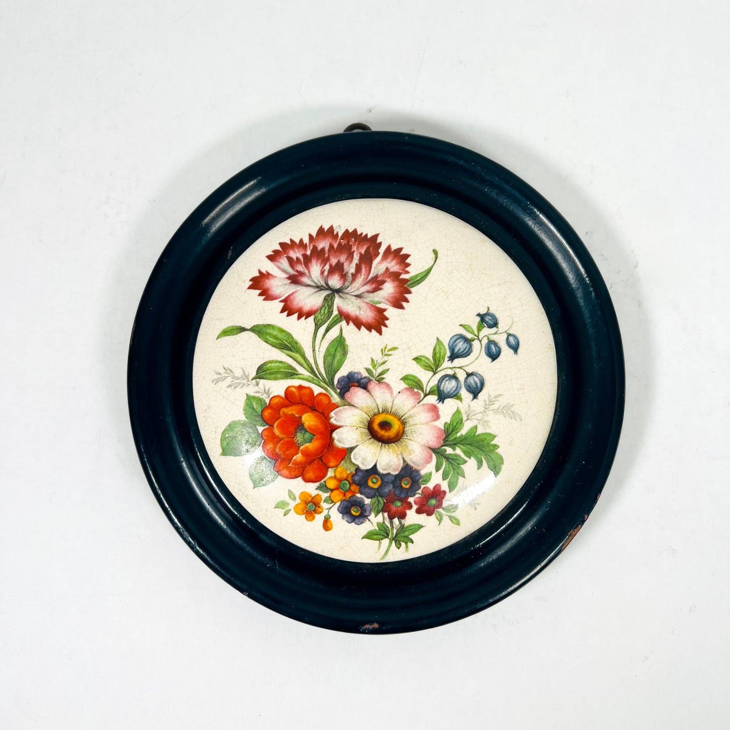 维多利亚式黑檀木框架普拉特陶器锅盖，带花卉图案，十九世纪中期