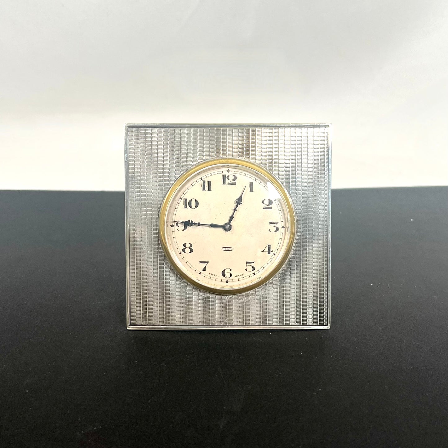 Vintage near antique sterling silver frame Swiss travel clock, Adie Brothers Ltd., Birmingham 1927