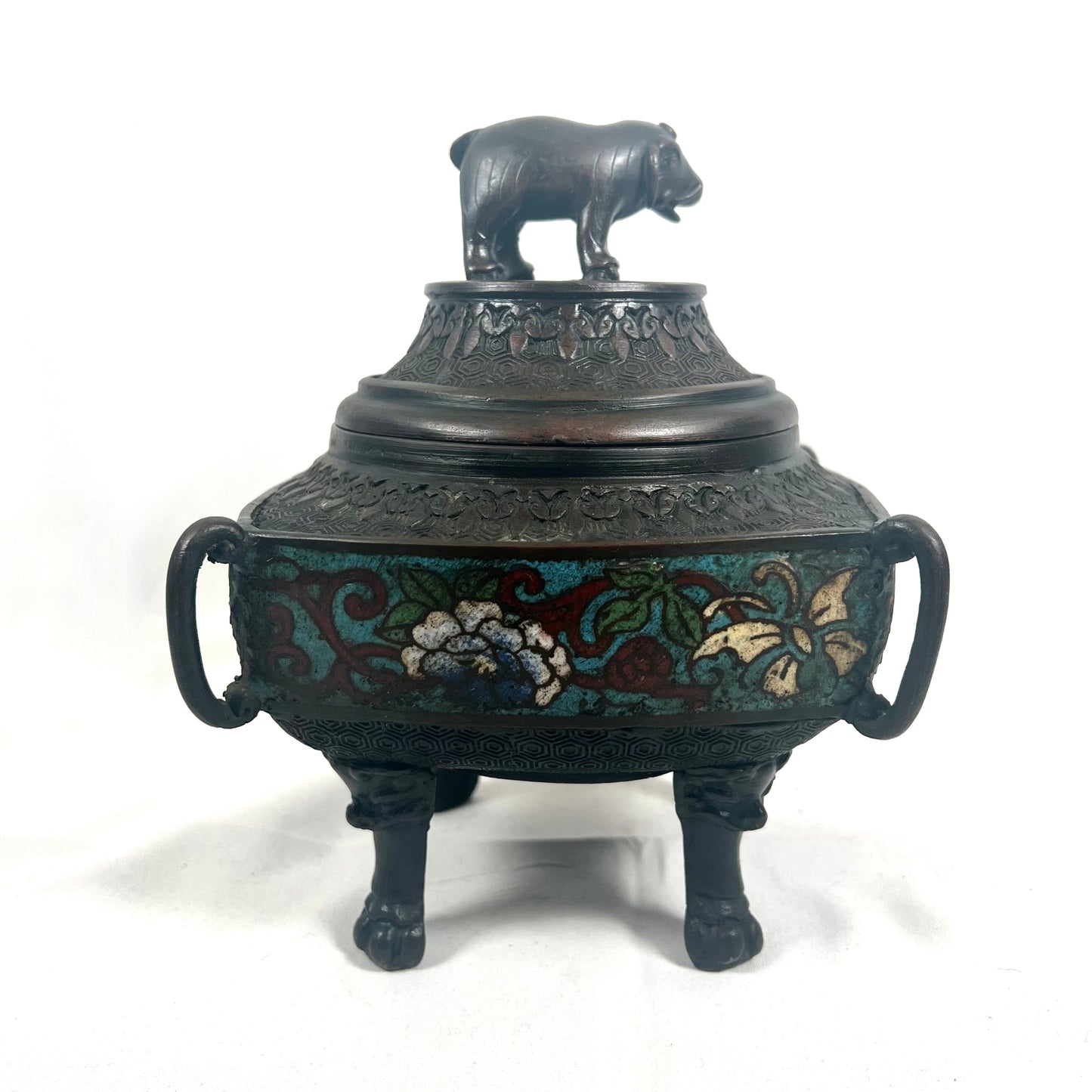 19 世纪末明治时期日本青铜珐琅香炉，大象饰顶