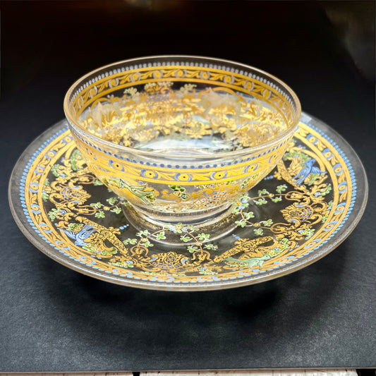 19th century Venetian Murano enamelled hand-blown glass bowl and plate set, in style of Salviati