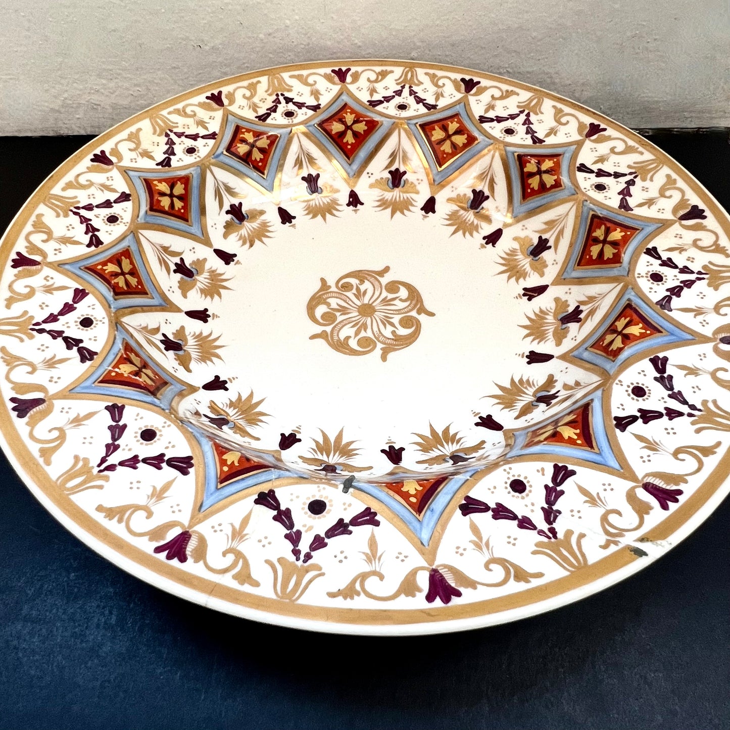 Exceptional late 18th Century Derby Soup Plate with Unusual Motifs, Historic Staple Repairs