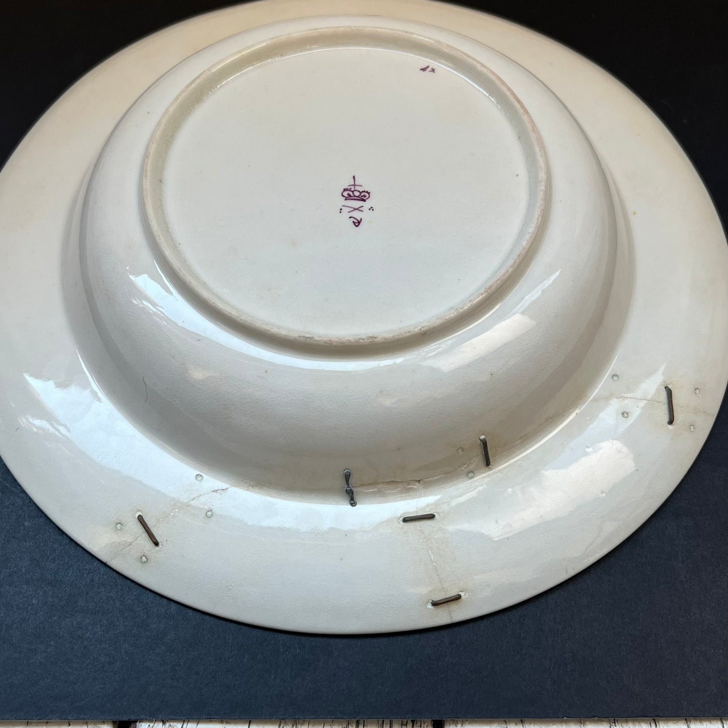 Exceptional late 18th Century Derby Soup Plate with Unusual Motifs, Historic Staple Repairs