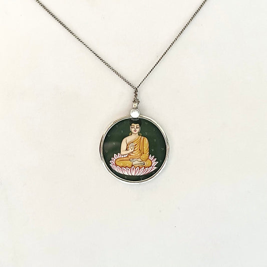 Vintage Hand Painted Indian Buddhist Pendant with Fine Italian Sterling Silver Chain