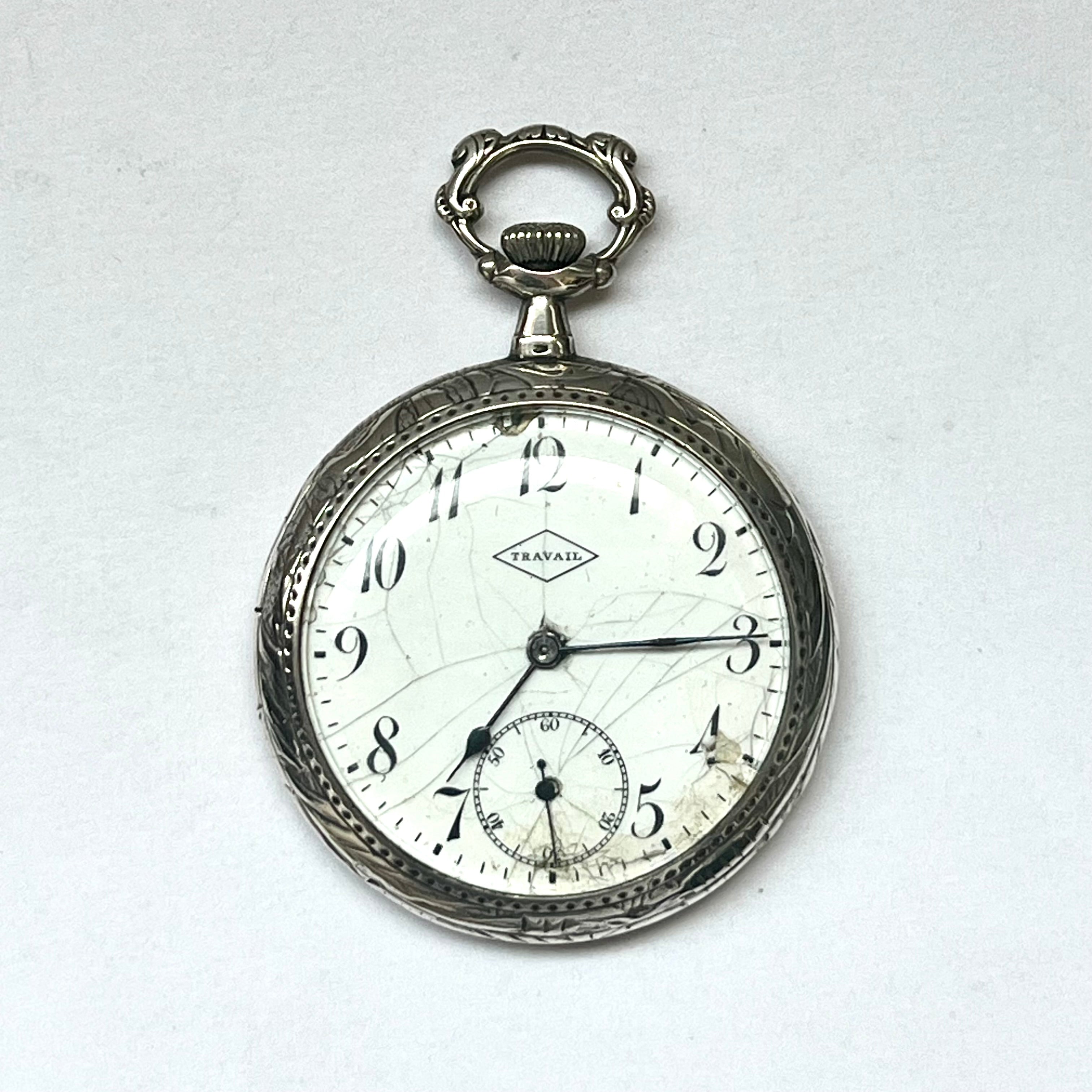 Antique 1920s .800 silver cased Swiss open face pocket watch with Travail watch movement Art Nouveau style florals Cache Antiques cacheantiquessydney